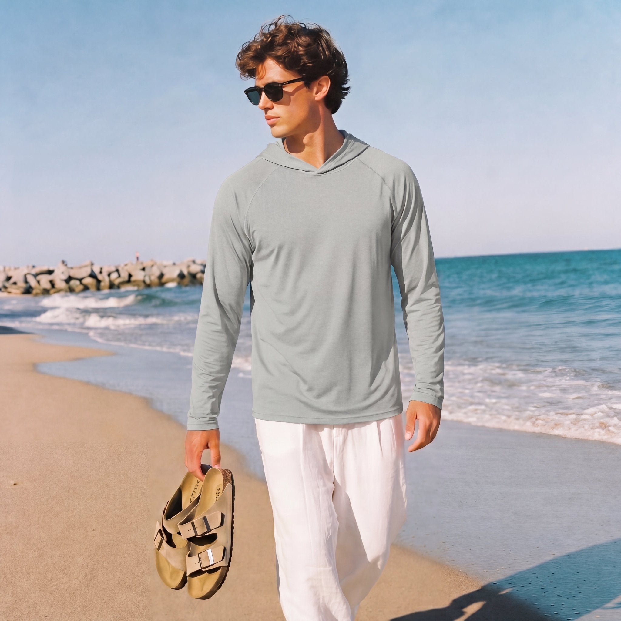 Men's Hooded UPF 50+ Sun Protection Long Sleeve Athletic Fishing Shirts #Color_Grey