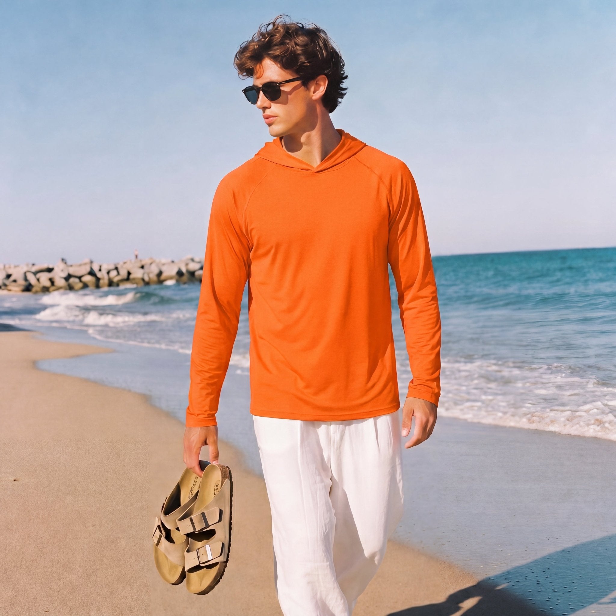 Men's Hooded UPF 50+ Sun Protection Long Sleeve Athletic Fishing Shirts #Color_Orange