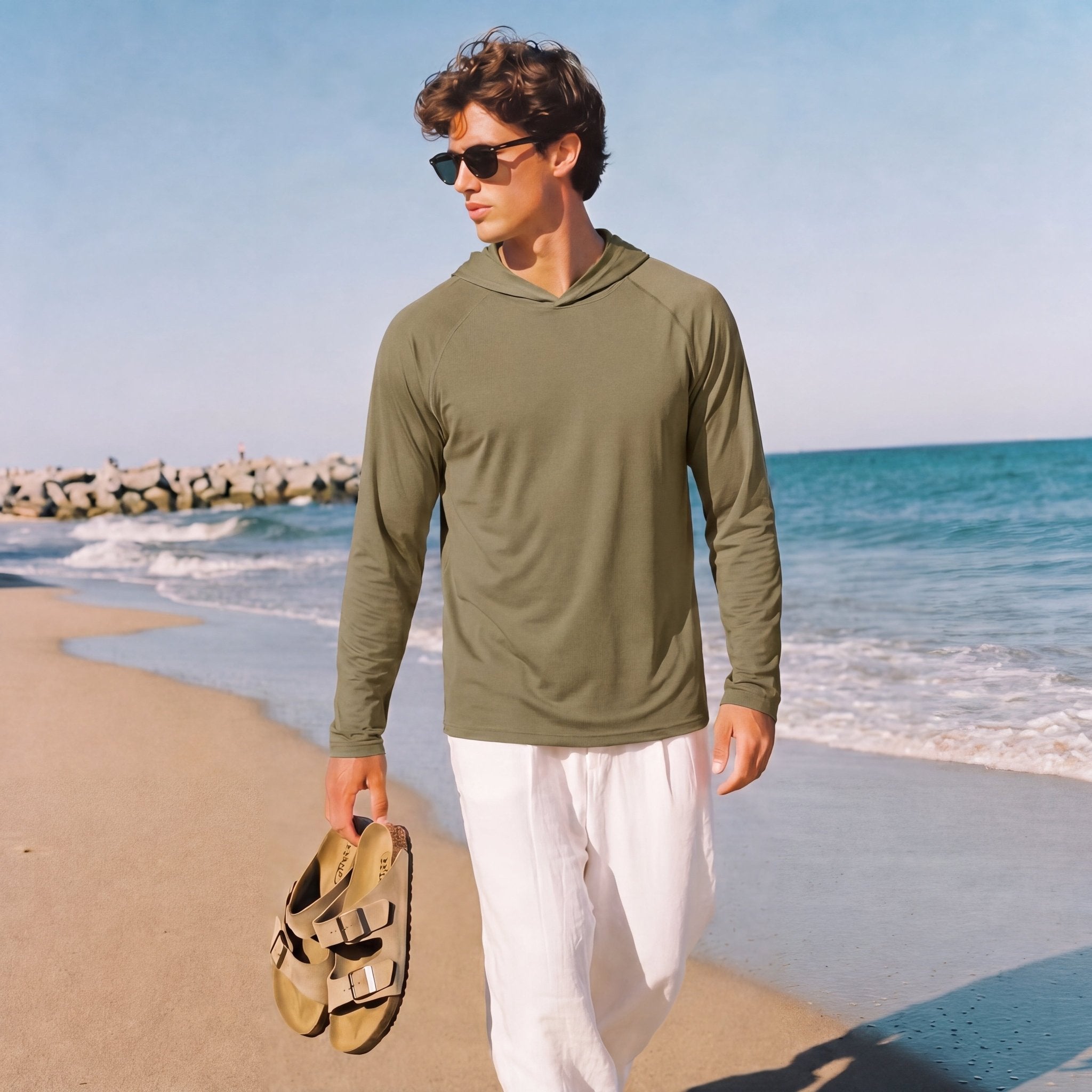 Men's Hooded UPF 50+ Sun Protection Long Sleeve Athletic Fishing Shirts  #Color_Dull Cyan