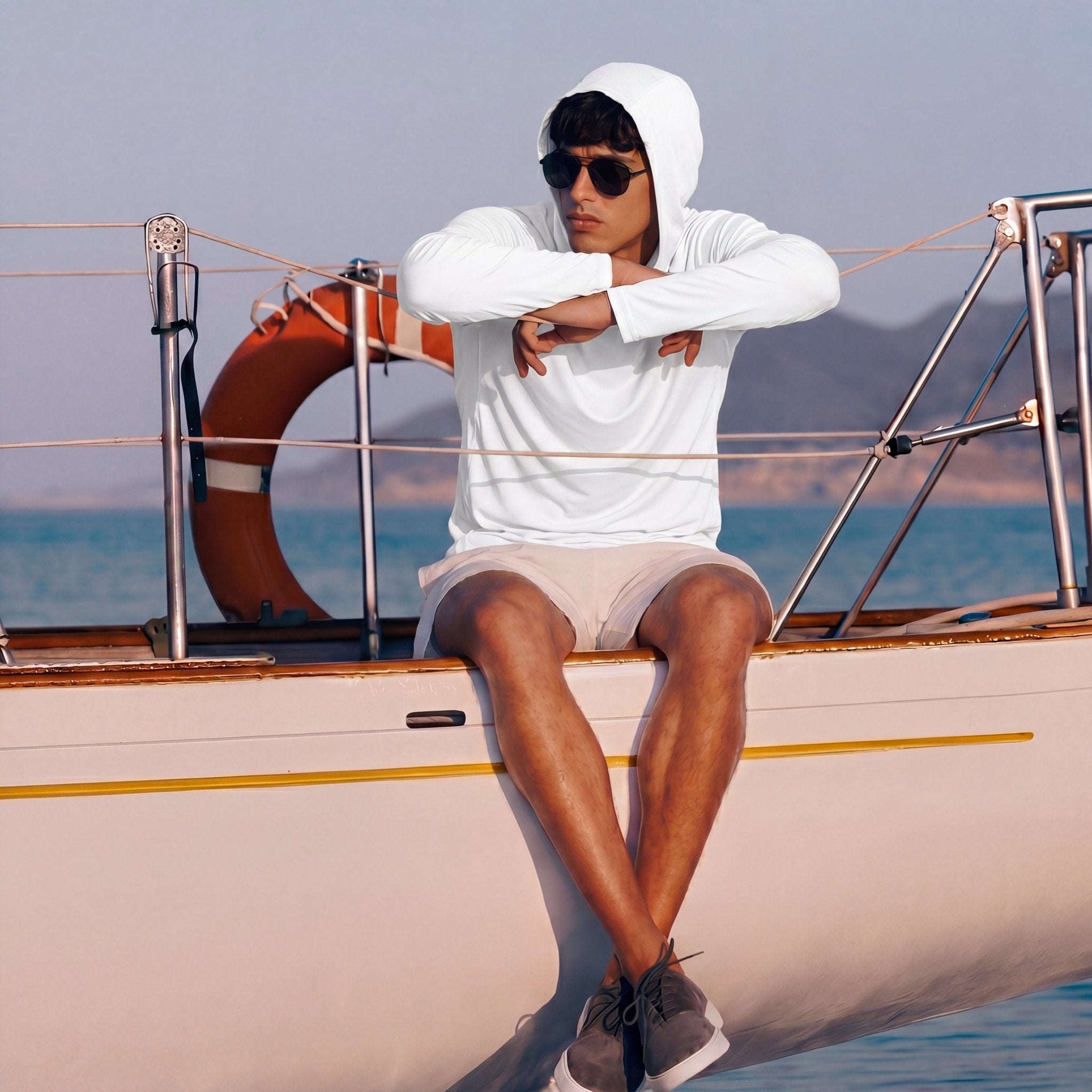 Men's Hooded UPF 50+ Sun Protection Long Sleeve Athletic Fishing Shirts #Color_White