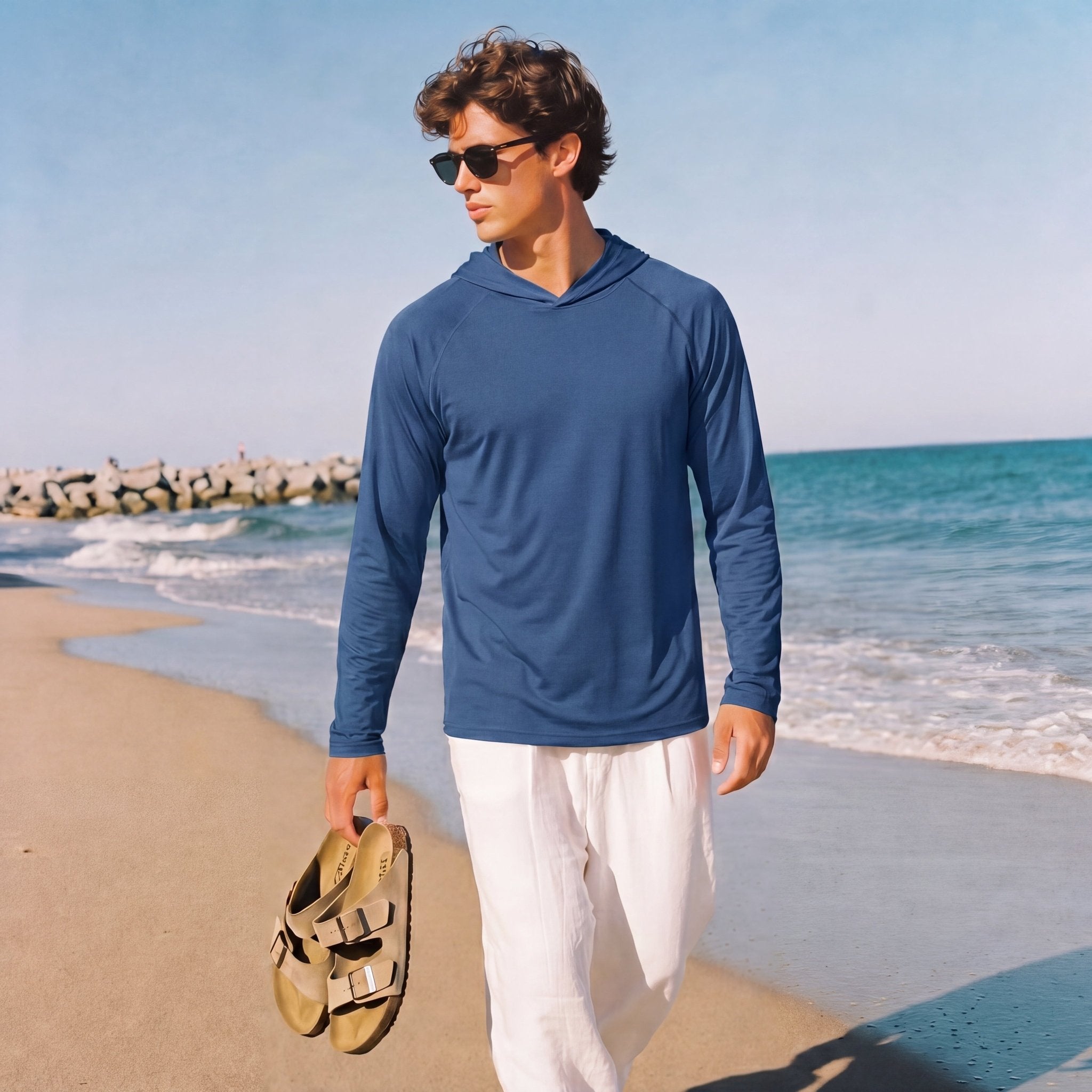 Men's Hooded UPF 50+ Sun Protection Long Sleeve Athletic Fishing Shirts #Color_Blue Grey