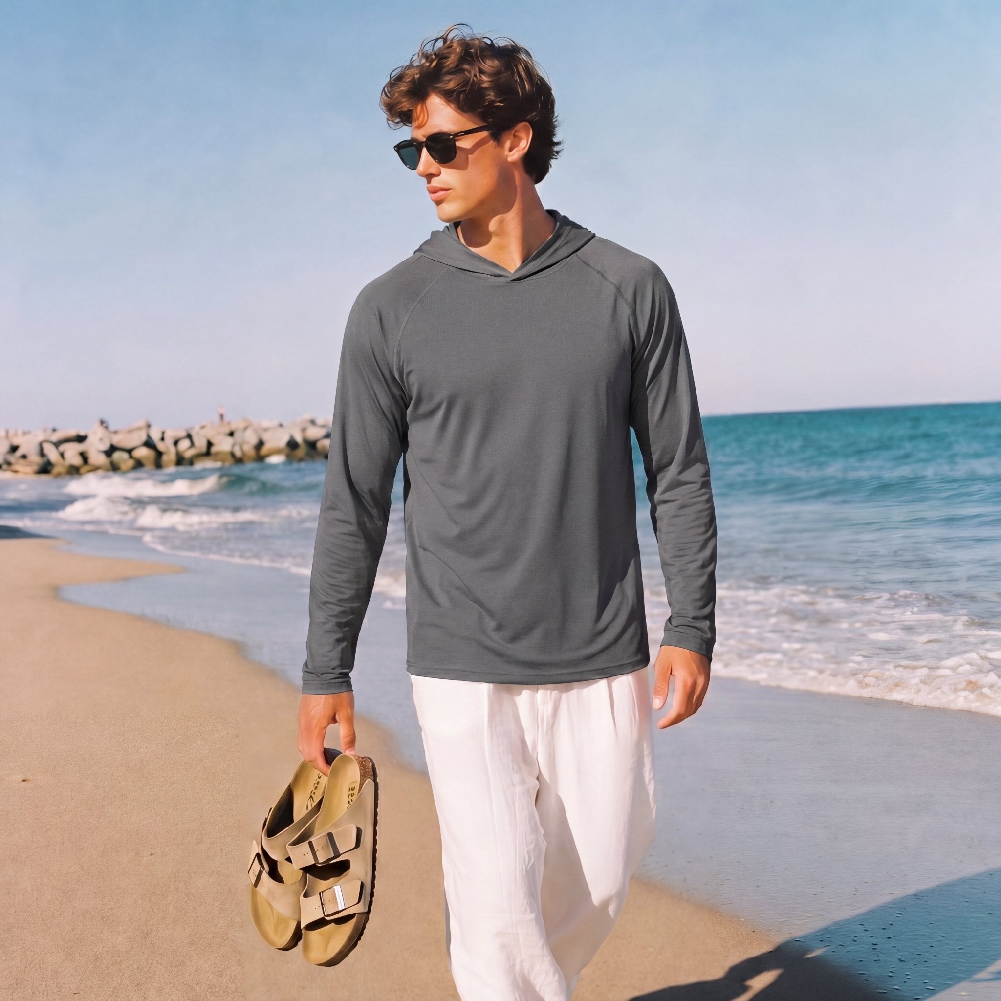 Men's Hooded UPF 50+ Sun Protection Long Sleeve Athletic Fishing Shirts #Color_Dark Grey