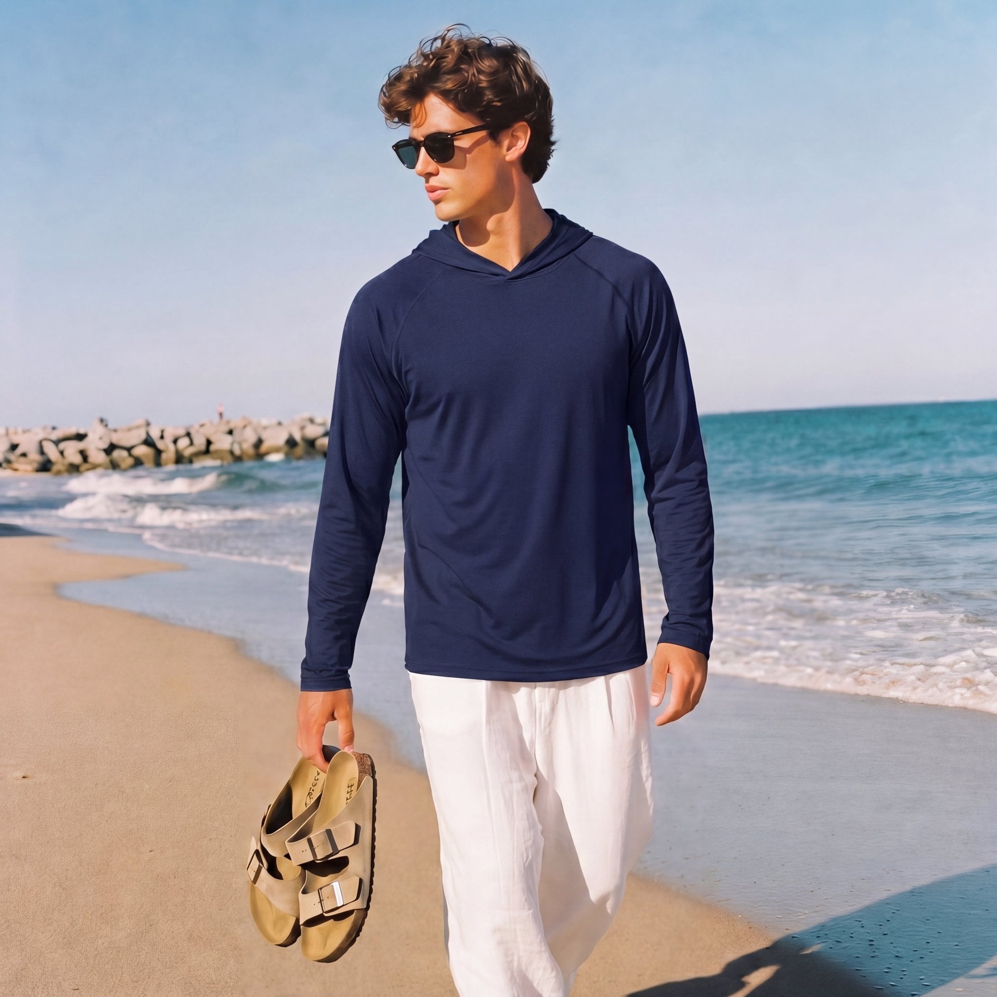 Men's Hooded UPF 50+ Sun Protection Long Sleeve Athletic Fishing Shirts #Color_Navy