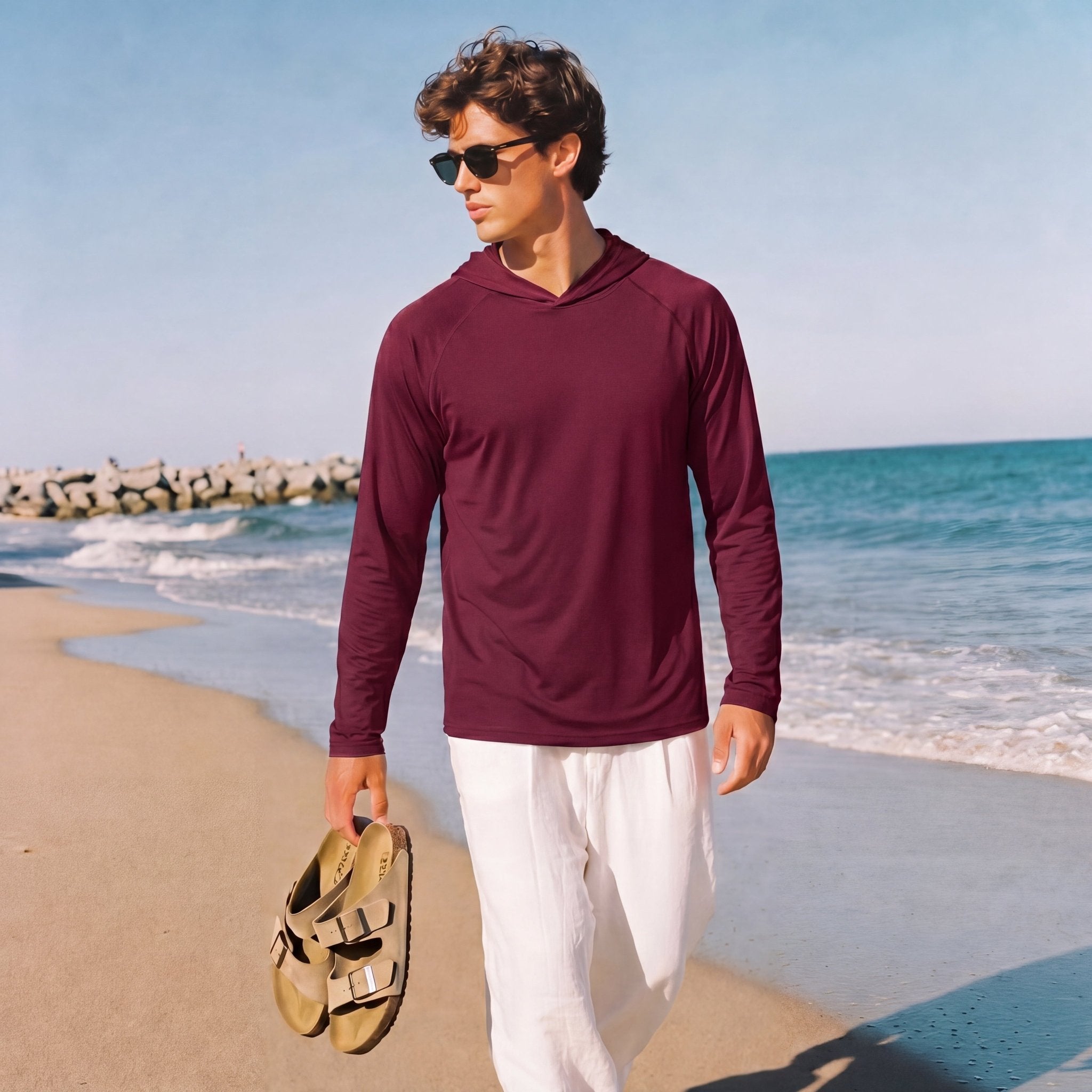 Men's Hooded UPF 50+ Sun Protection Long Sleeve Athletic Fishing Shirts #Color_Wine