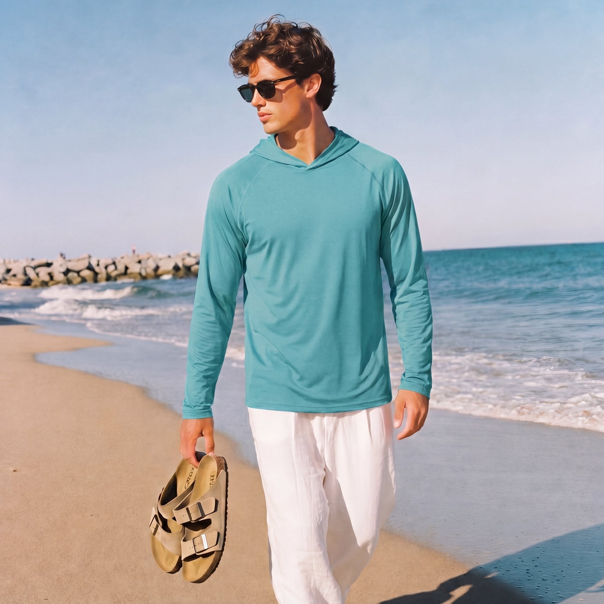 Men's Hooded UPF 50+ Sun Protection Long Sleeve Athletic Fishing Shirts #Color_Grey Green