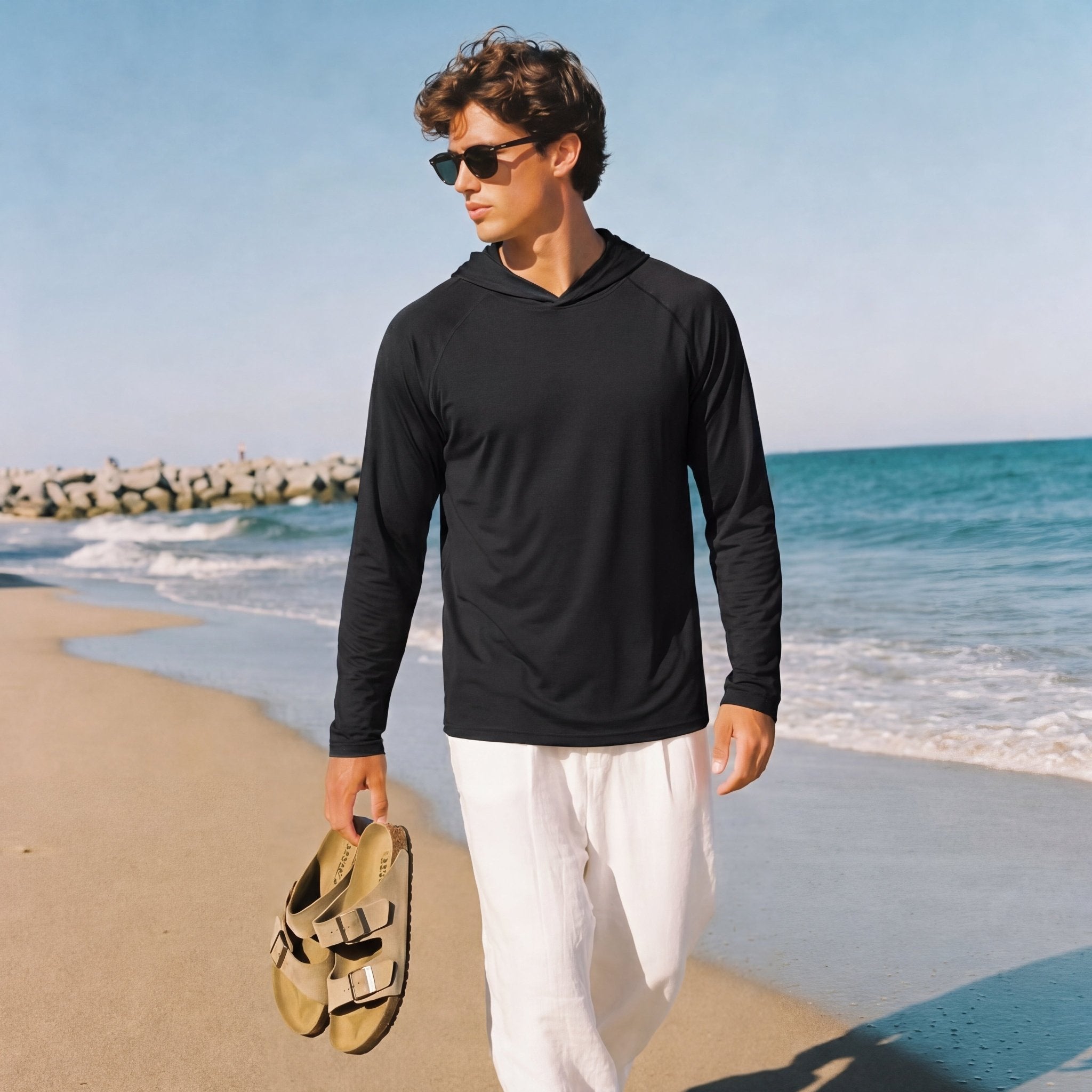 Men's Hooded UPF 50+ Sun Protection Long Sleeve Athletic Fishing Shirts #Color_Black