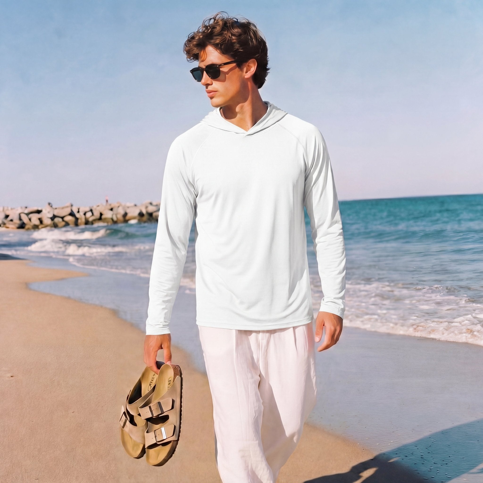 Men's Hooded UPF 50+ Sun Protection Long Sleeve Athletic Fishing Shirts #Color_White