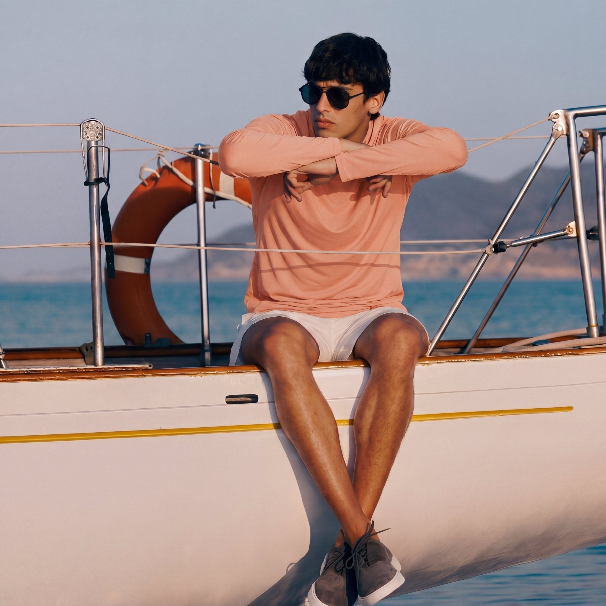 Men's Hooded UPF 50+ Sun Protection Long Sleeve Athletic Fishing Shirts #Color_Apricot