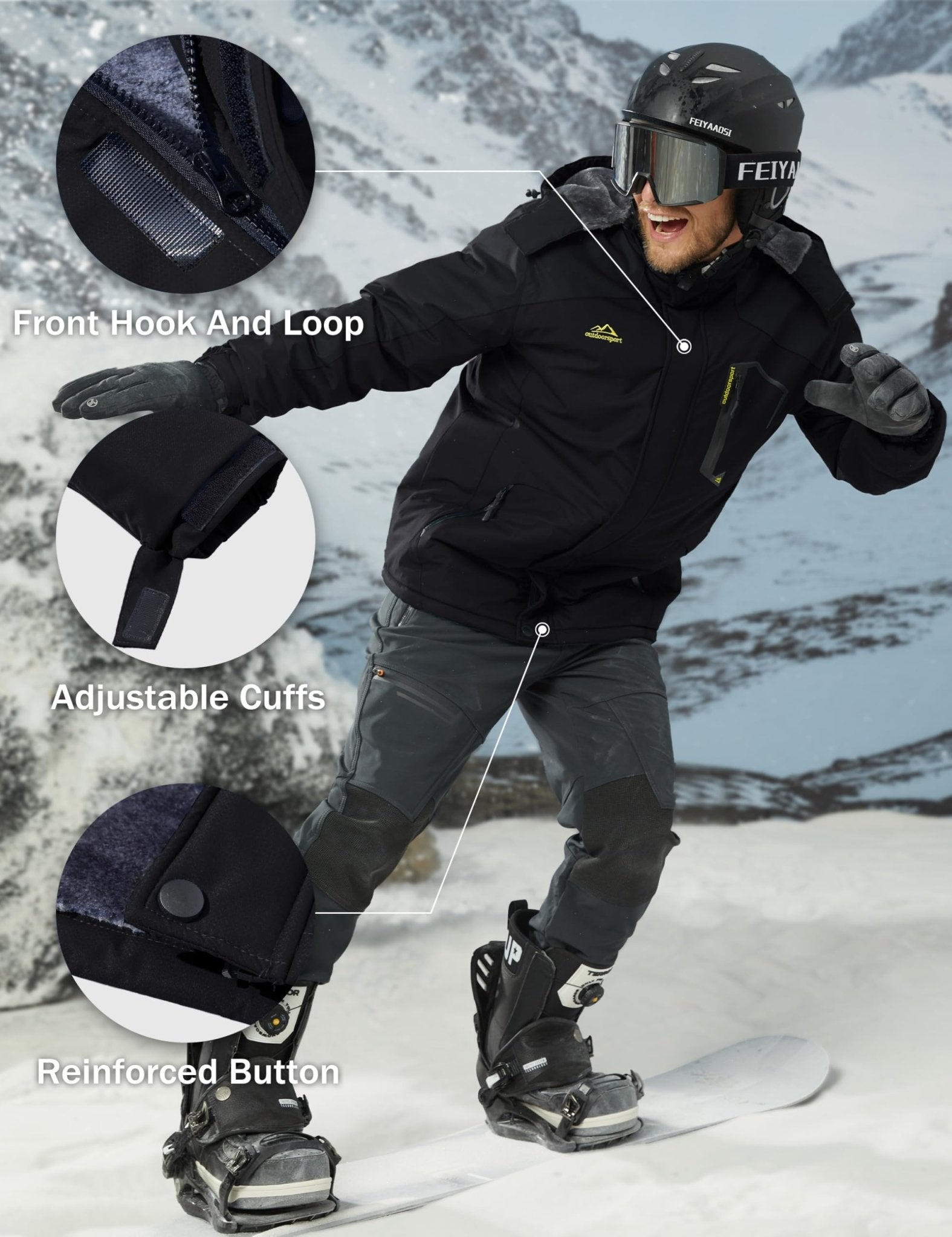 Black MAGCOMSEN Men's Water-Repellent Winter Ski Jacket with Fleece Lining in #Color_Black