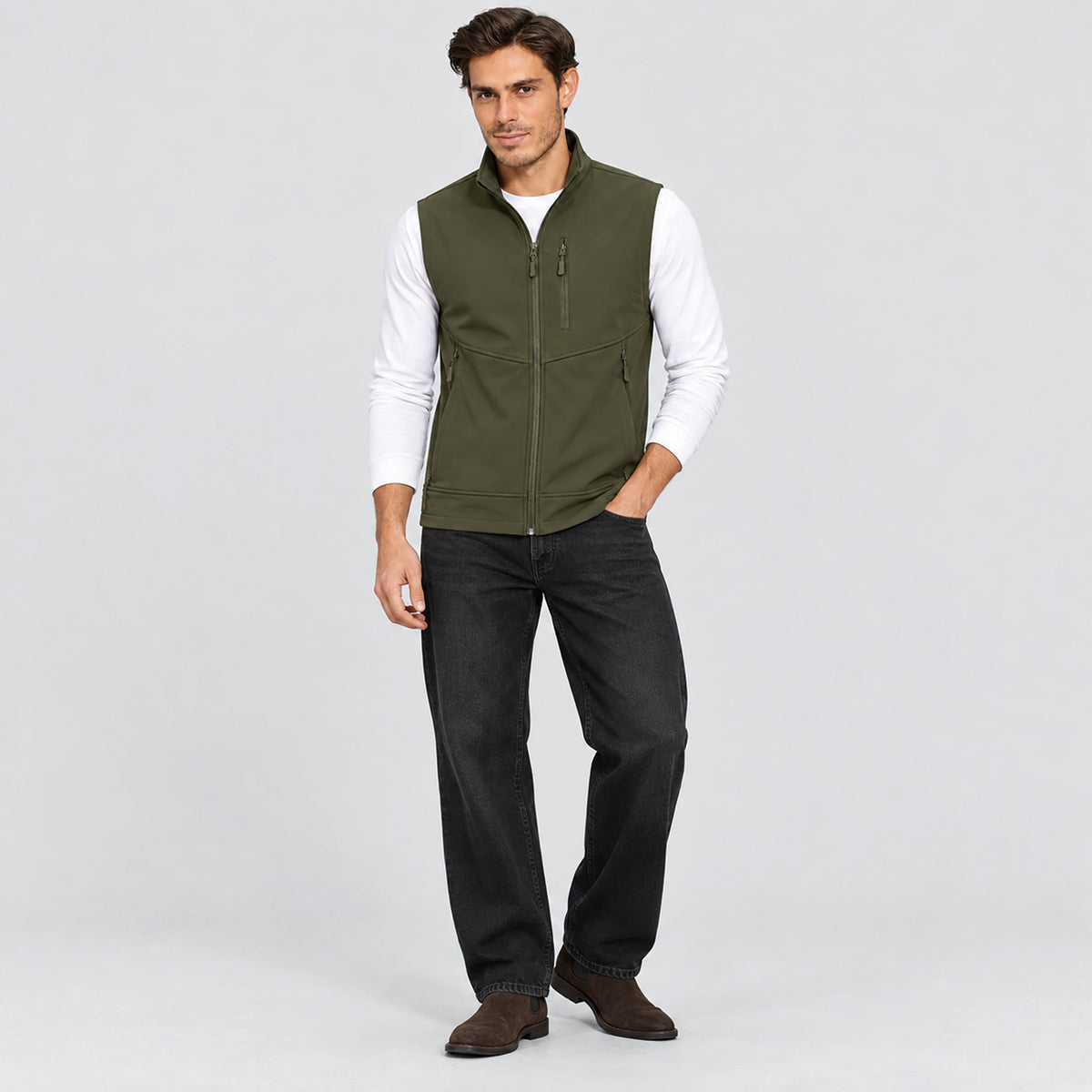 Army Green MAGCOMSEN Men’s Waterproof Softshell Golf Vest 6-Pocket Fleece Lined Windproof Jacket in #Color_Army Green