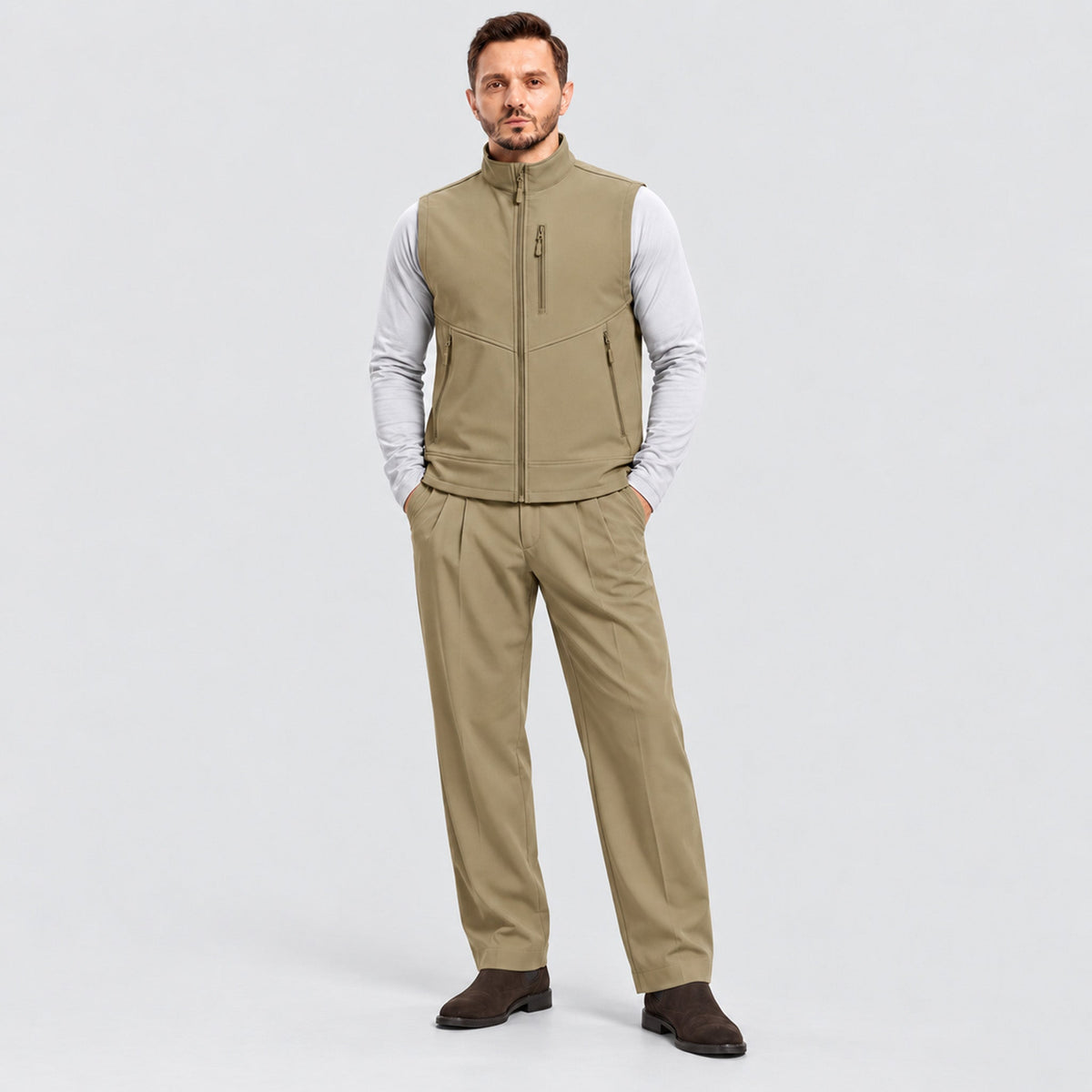 Men’s Waterproof Softshell Golf Vest 6-Pocket Fleece Lined Windproof Jacket Khaki by MAGCOMSEN