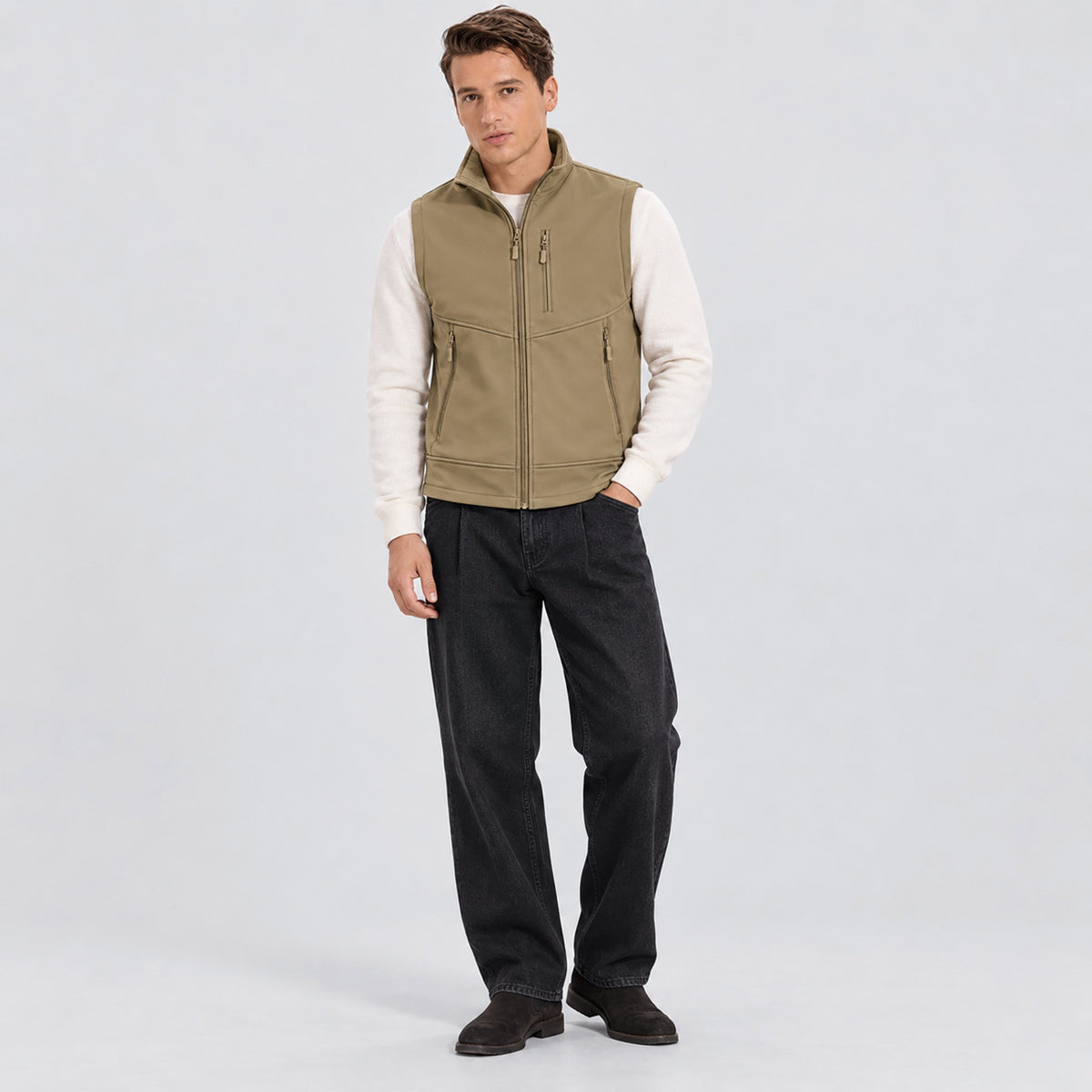 Khaki MAGCOMSEN Men’s Waterproof Softshell Golf Vest 6-Pocket Fleece Lined Windproof Jacket in #Color_Khaki