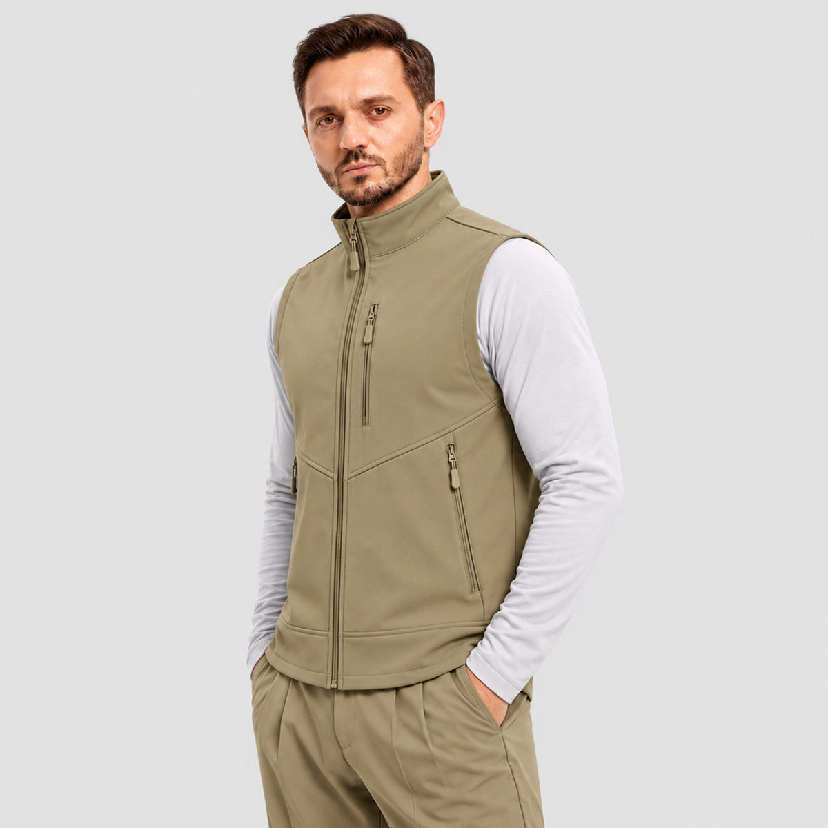 Men’s Waterproof Softshell Golf Vest 6-Pocket Fleece Lined Windproof Jacket Khaki by MAGCOMSEN
