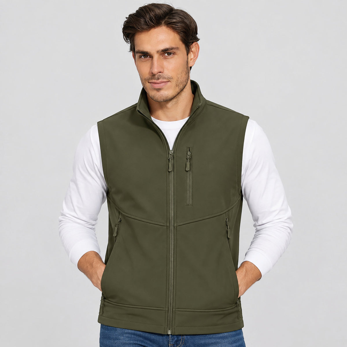 Men’s Waterproof Softshell Golf Vest 6-Pocket Fleece Lined Windproof Jacket Army Green by MAGCOMSEN