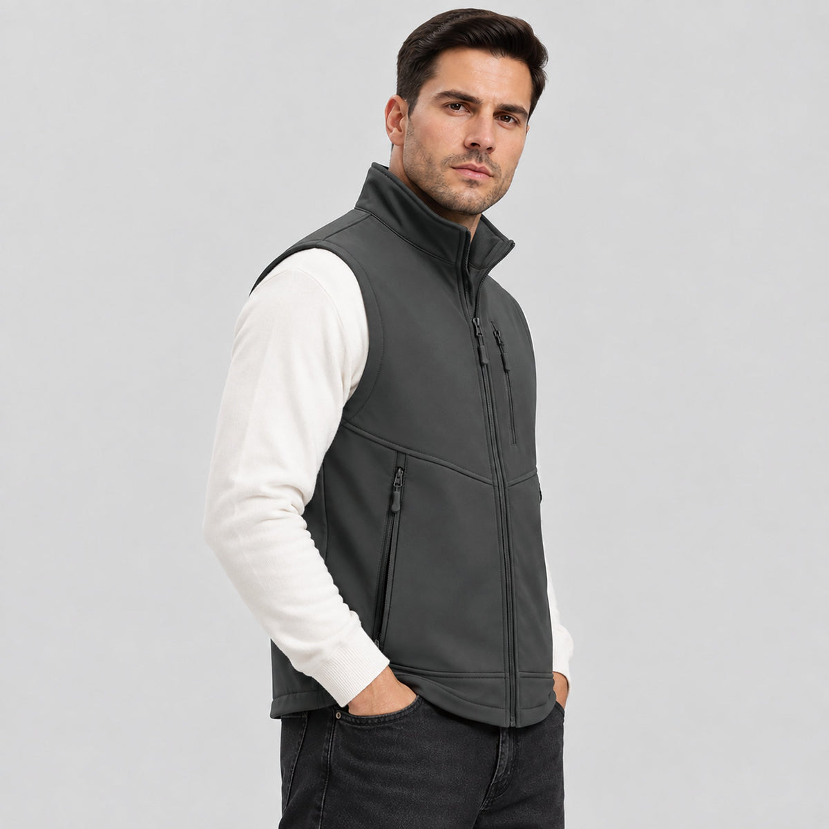 Dark Grey MAGCOMSEN Men’s Waterproof Softshell Golf Vest 6-Pocket Fleece Lined Windproof Jacket in #Color_Dark Grey