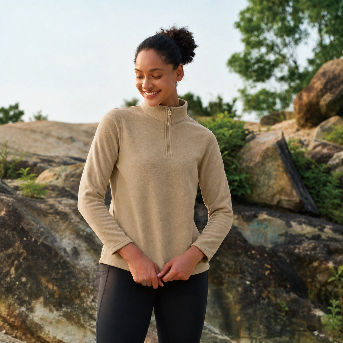 Khaki MAGCOMSEN Women's 1/4 Zip Fleece Pullover - Stretchy & Warm in #Color_Khaki