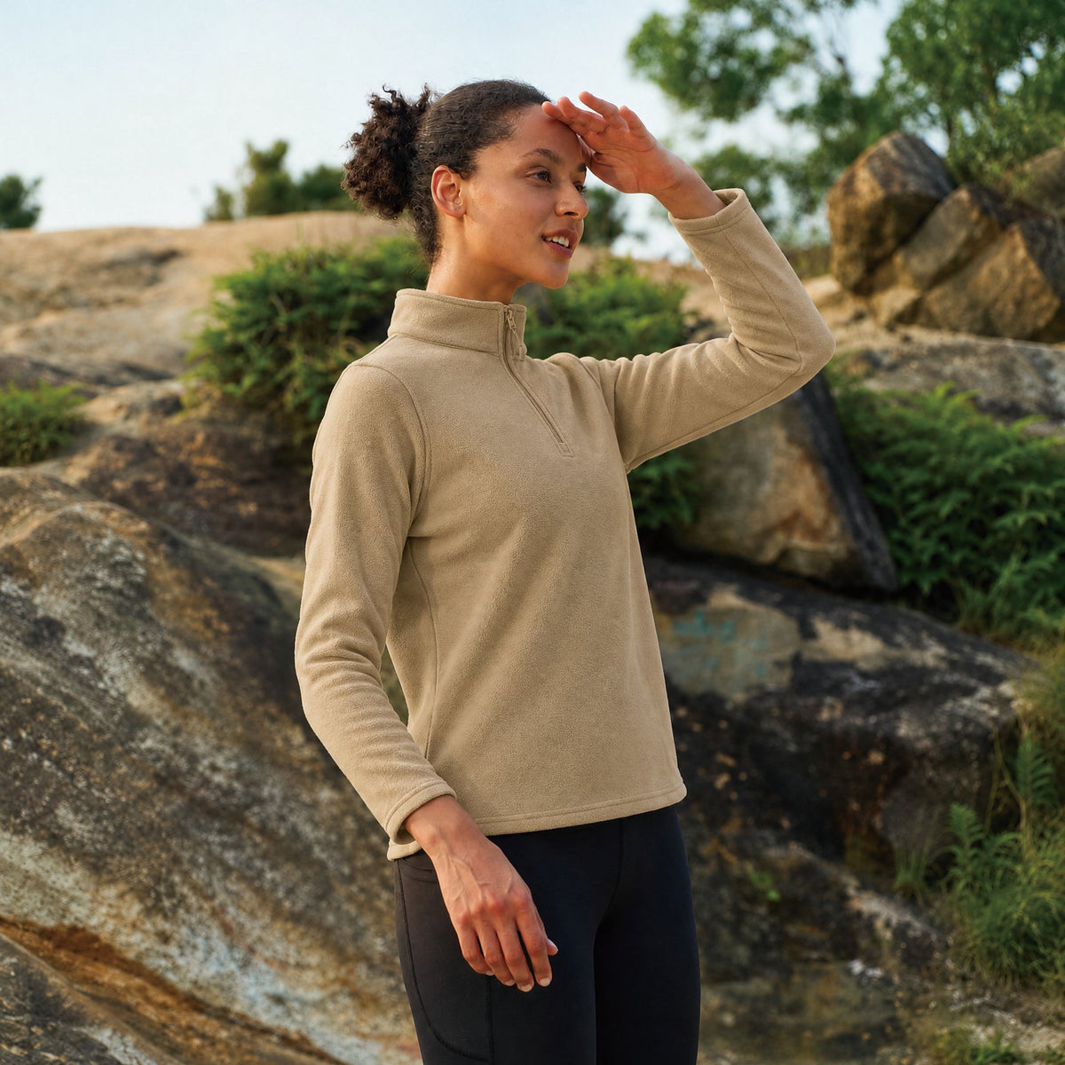 Khaki MAGCOMSEN Women's 1/4 Zip Fleece Pullover - Stretchy & Warm in #Color_Khaki