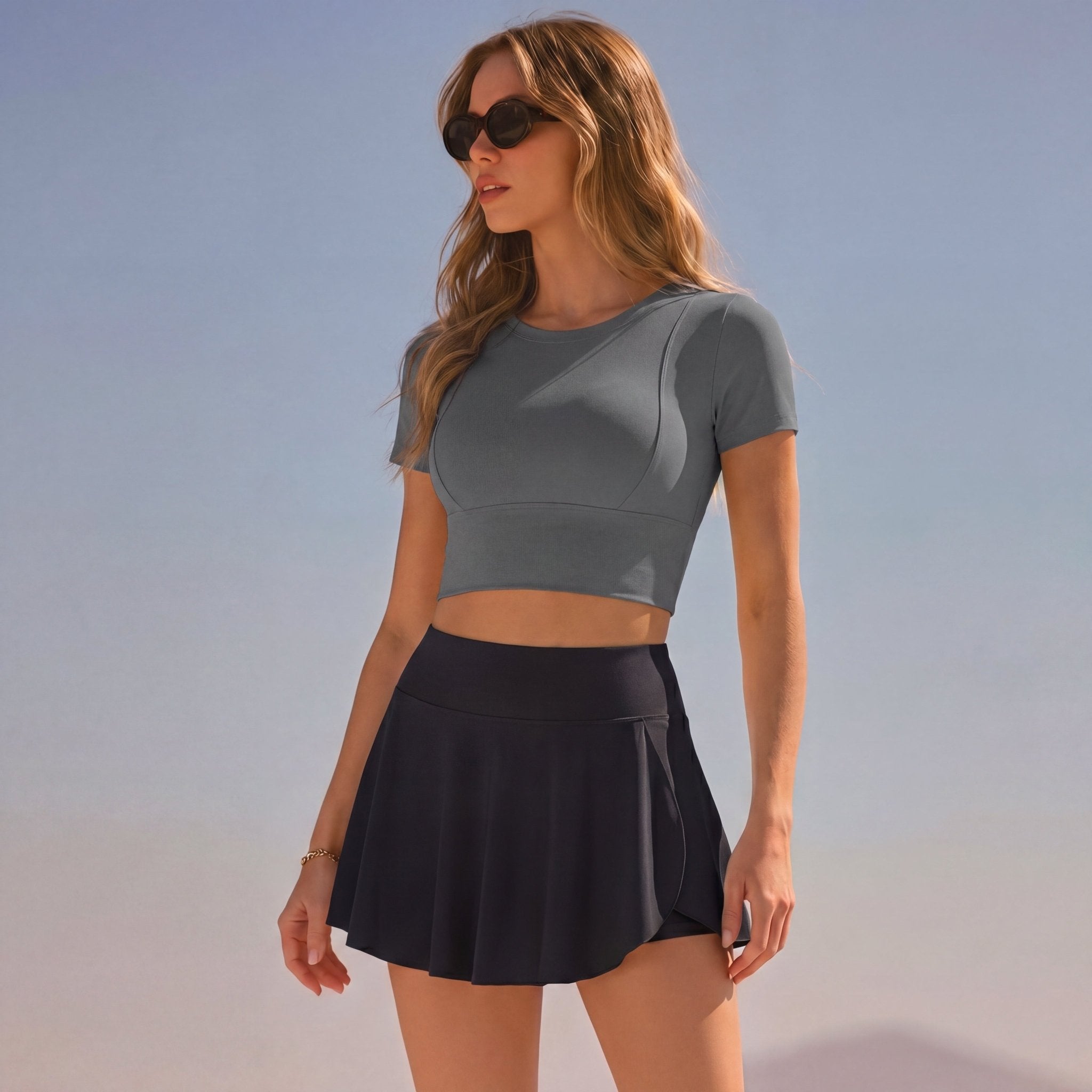Women's 2 Piece Tennis Set - Slim Fit Crop Top & High Waisted Skort Gray & Black by MAGCOMSEN