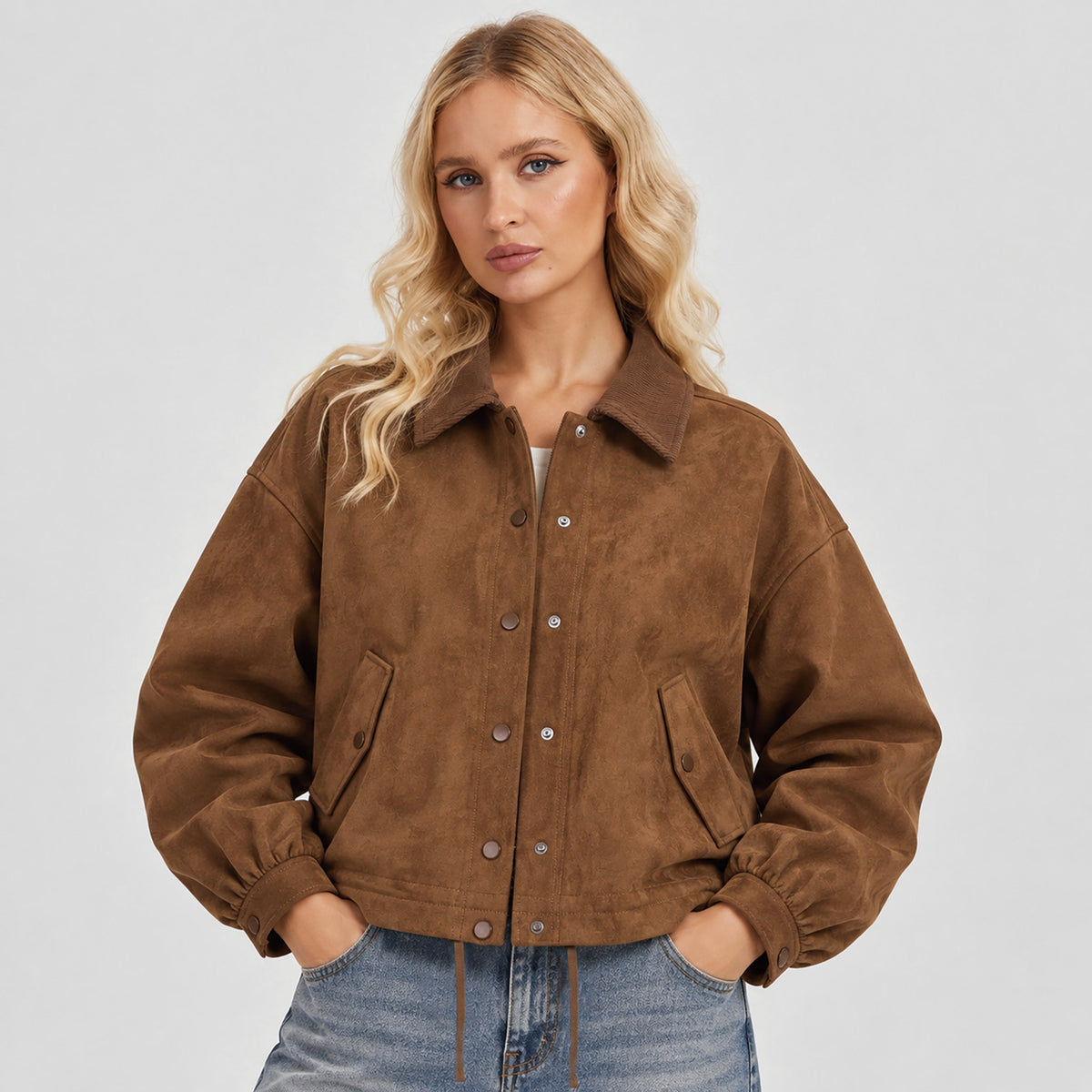 Dark brown MAGCOMSEN Women's Brown Suede Jacket Corduroy Collar Cropped Casual Outerwear in #Color_Dark brown