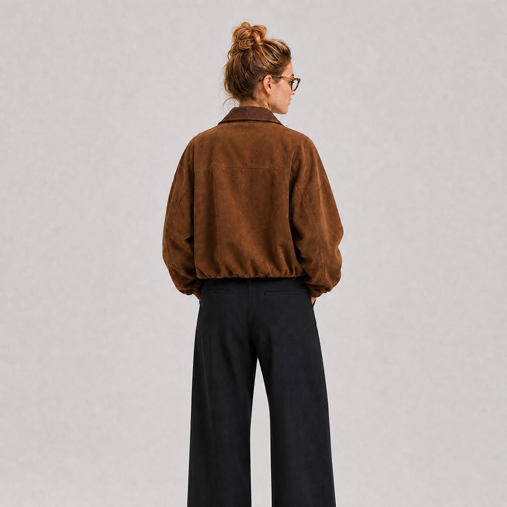 Women's Brown Suede Jacket Corduroy Collar Cropped Casual Outerwear Brown by MAGCOMSEN