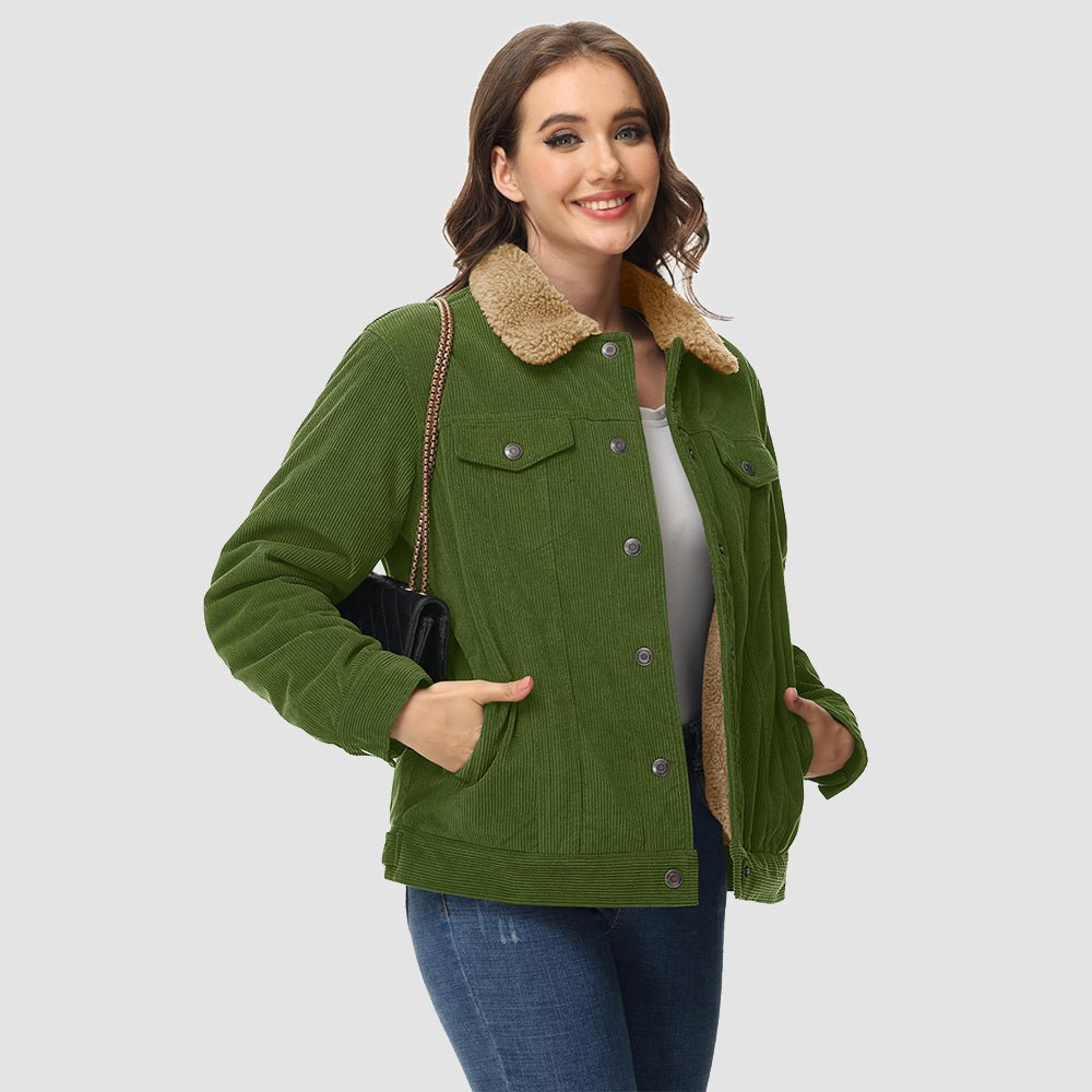 Women's Corduroy Jacket Sherpa Lined Warm Winter Coat Army Green by MAGCOMSEN