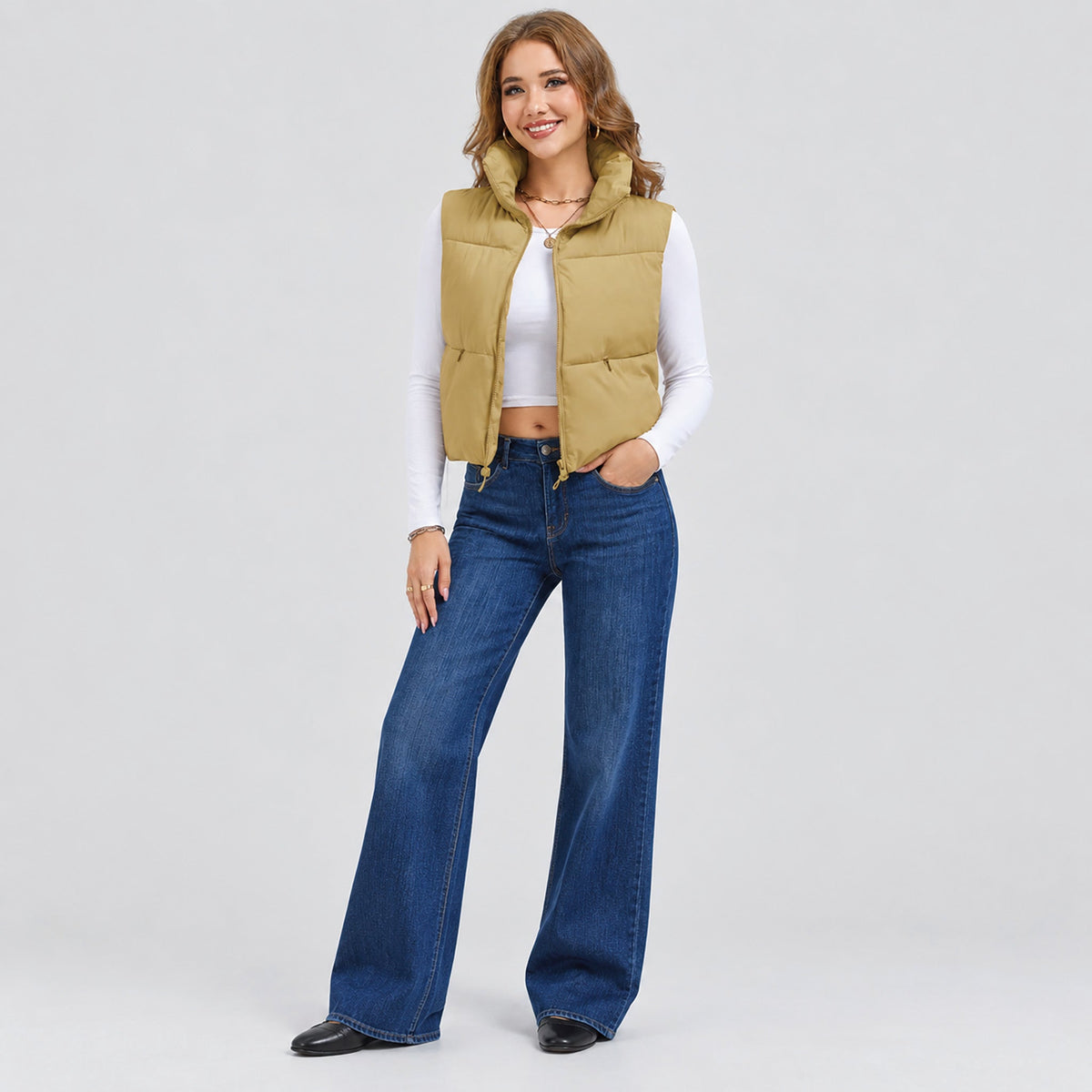 Dark Khaki MAGCOMSEN Women's Cropped Puffer Vest Lightweight Winter Outerwear in #Color_Dark Khaki