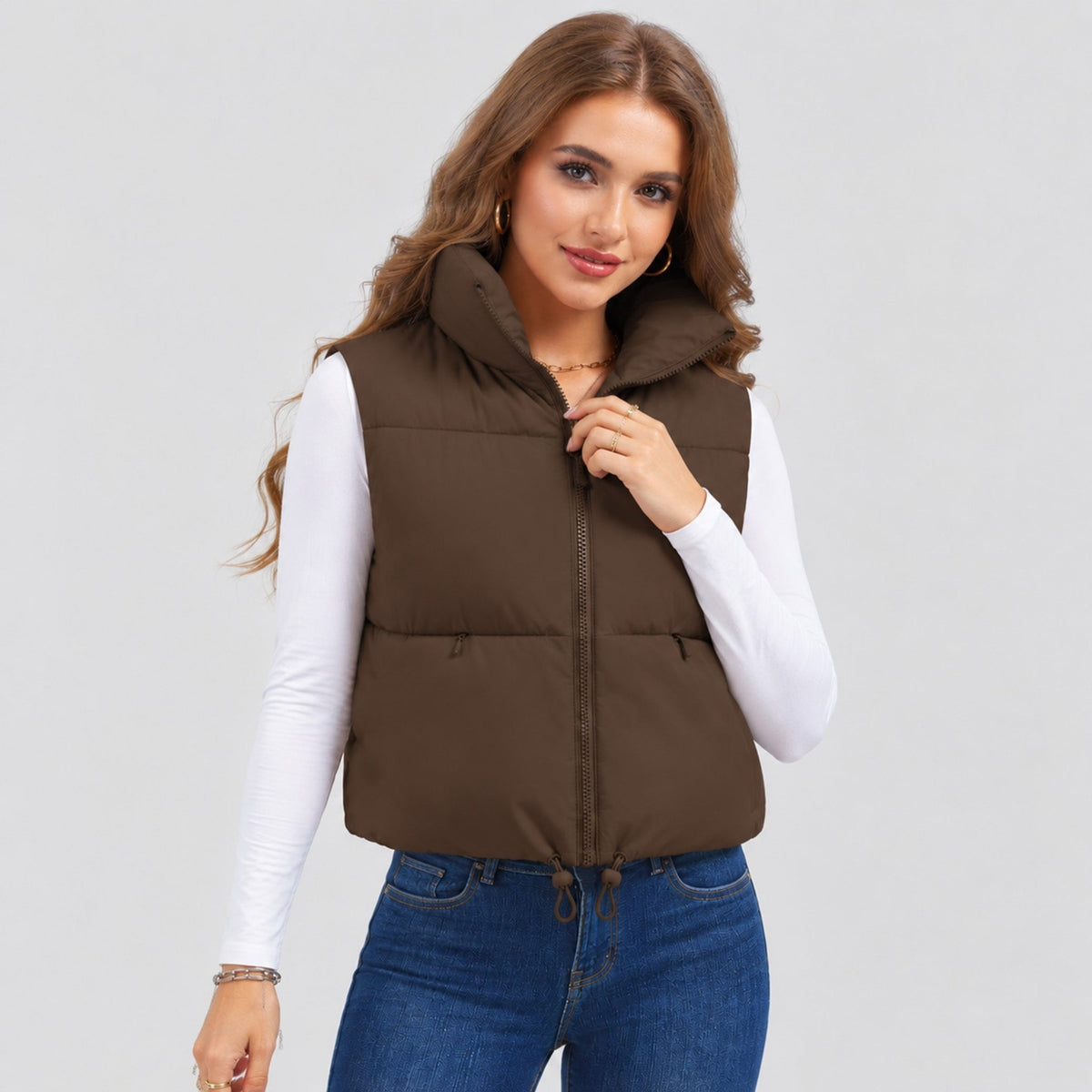 Dark Brown MAGCOMSEN Women's Cropped Puffer Vest Lightweight Winter Outerwear in #Color_Dark Brown