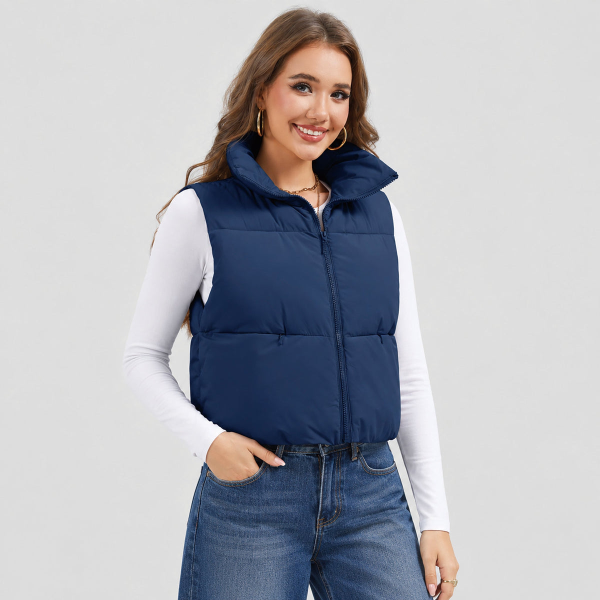 Dark Blue MAGCOMSEN Women's Cropped Puffer Vest Lightweight Winter Outerwear in #Color_Dark Blue