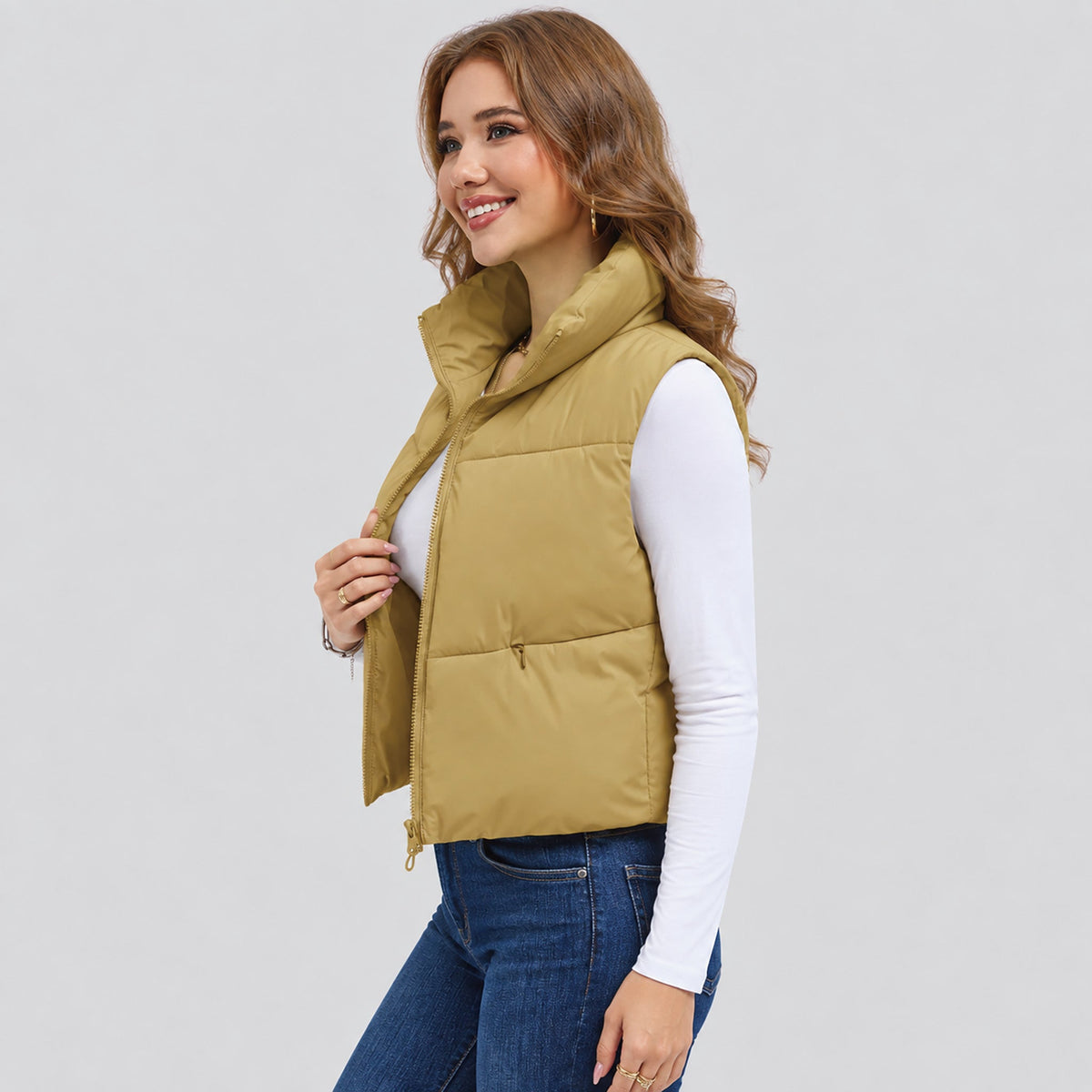 Dark Khaki MAGCOMSEN Women's Cropped Puffer Vest Lightweight Winter Outerwear in #Color_Dark Khaki