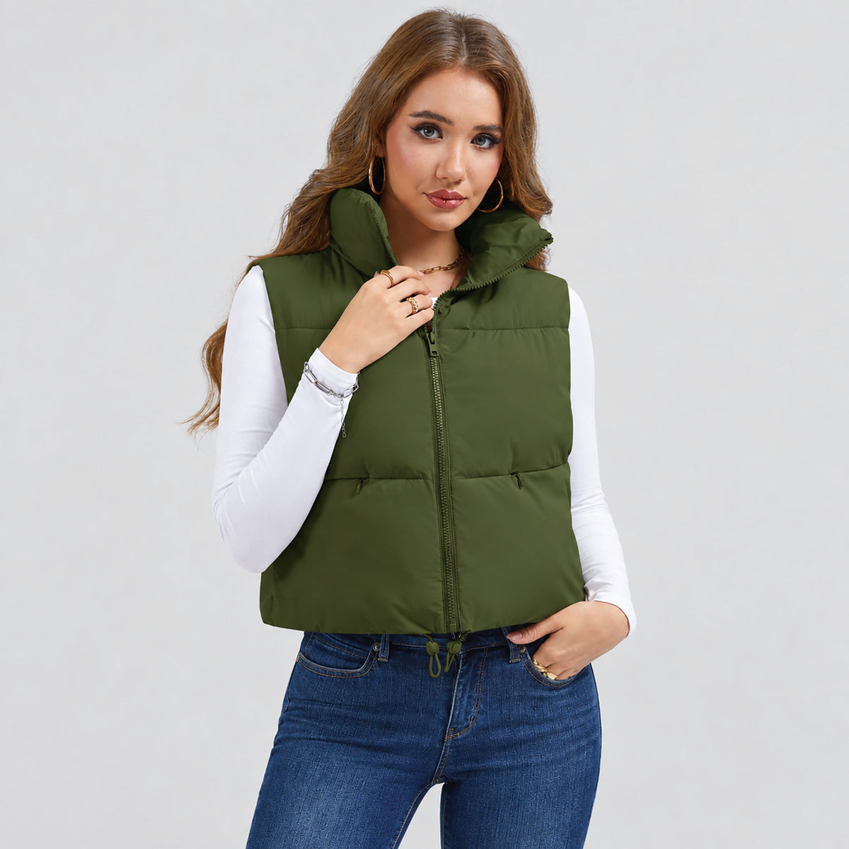 Olive Green MAGCOMSEN Women's Cropped Puffer Vest Lightweight Winter Outerwear in #Color_Olive Green