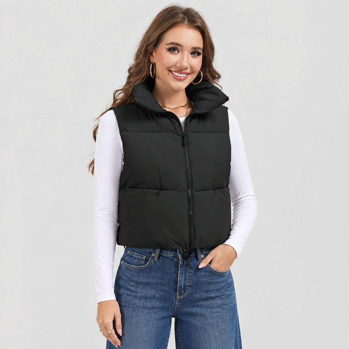 Black MAGCOMSEN Women's Cropped Puffer Vest Lightweight Winter Outerwear in #Color_Black