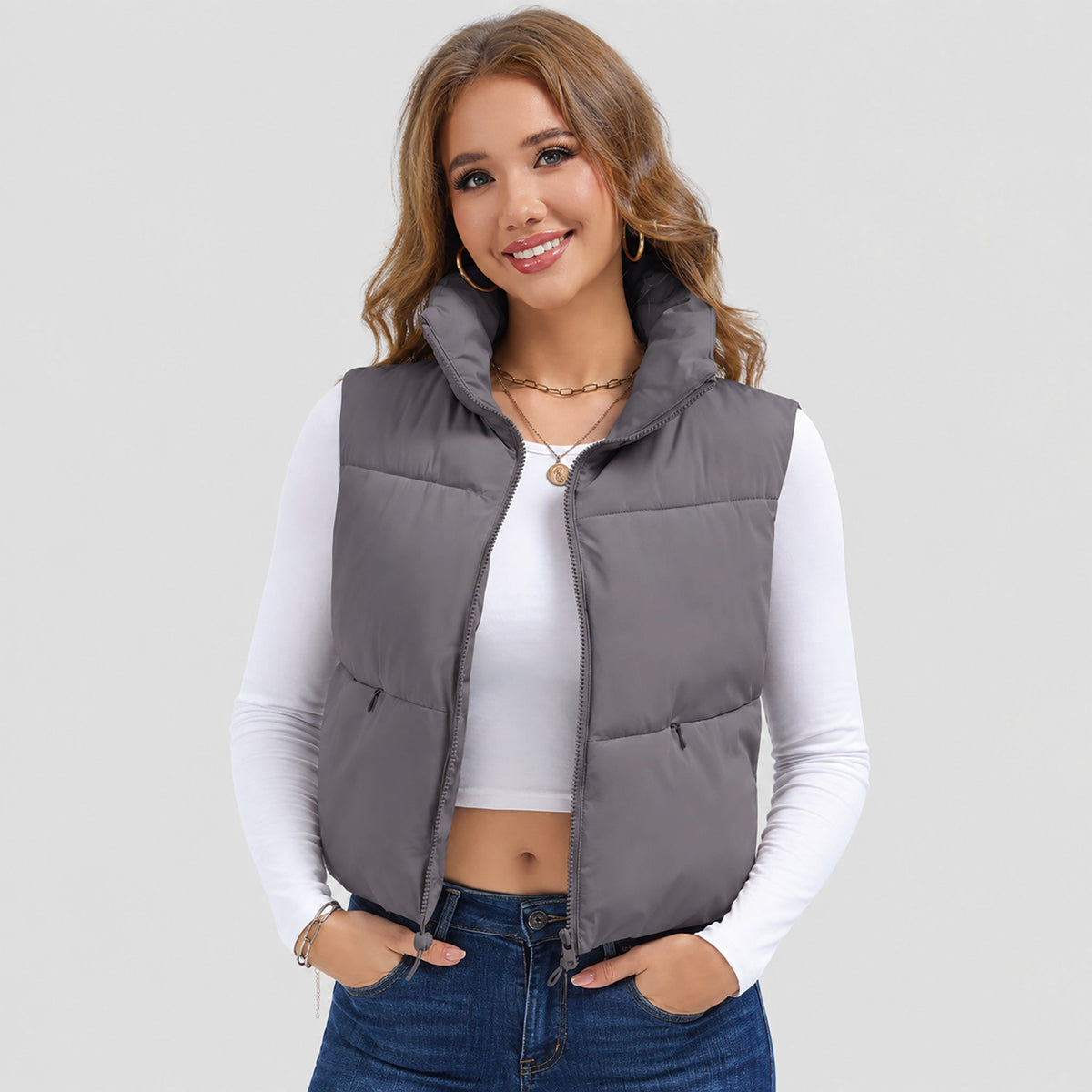 Grey Purple MAGCOMSEN Women's Cropped Puffer Vest Lightweight Winter Outerwear in #Color_Grey Purple