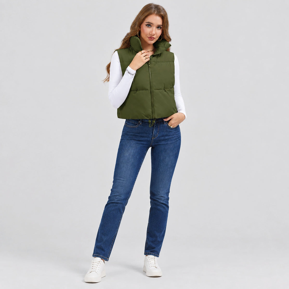 Olive Green MAGCOMSEN Women's Cropped Puffer Vest Lightweight Winter Outerwear in #Color_Olive Green