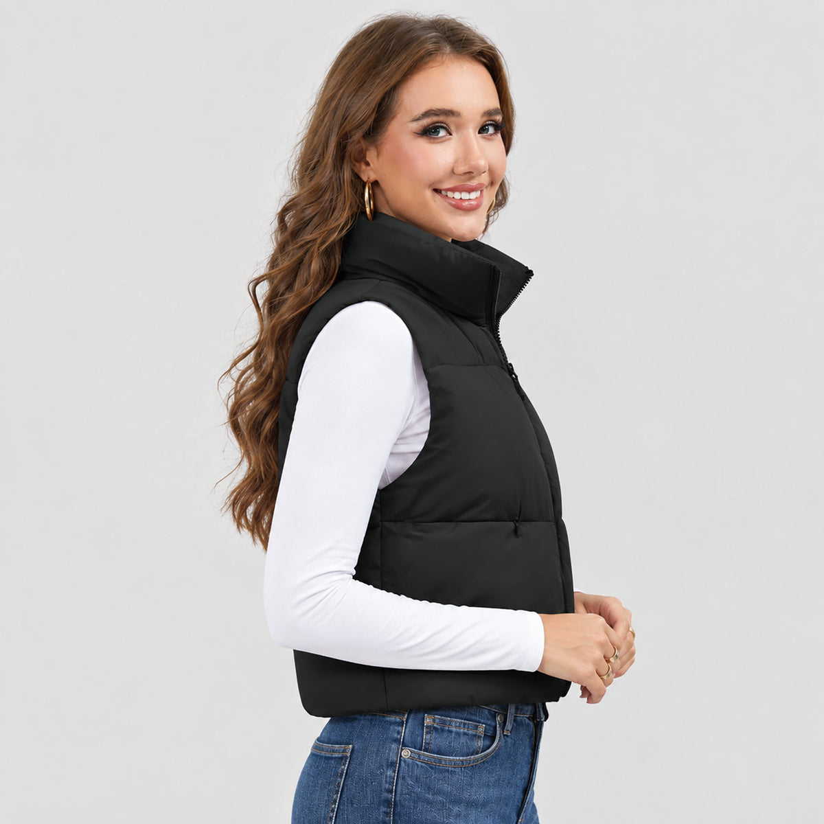 Black MAGCOMSEN Women's Cropped Puffer Vest Lightweight Winter Outerwear in #Color_Black