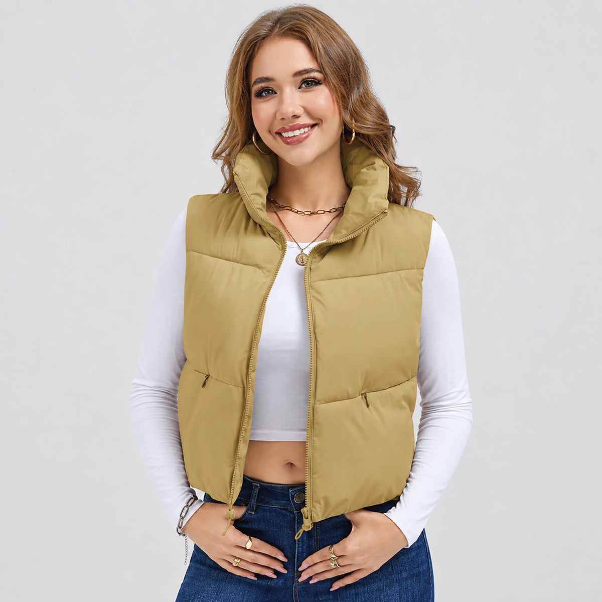 Dark Khaki MAGCOMSEN Women's Cropped Puffer Vest Lightweight Winter Outerwear in #Color_Dark Khaki