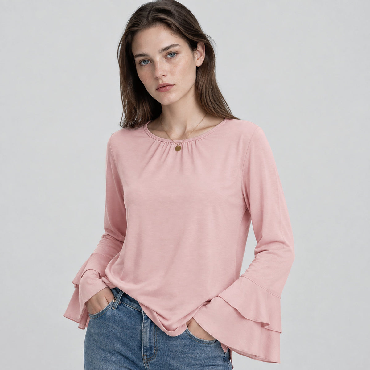 Women's Double Ruffle Bell Sleeve Tunic Top Pleated Flowy Blouse Light Pink by MAGCOMSEN