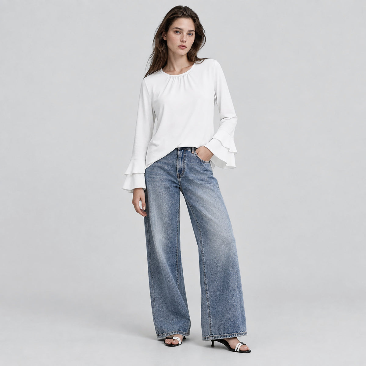 Women's Double Ruffle Bell Sleeve Tunic Top Pleated Flowy Blouse White by MAGCOMSEN