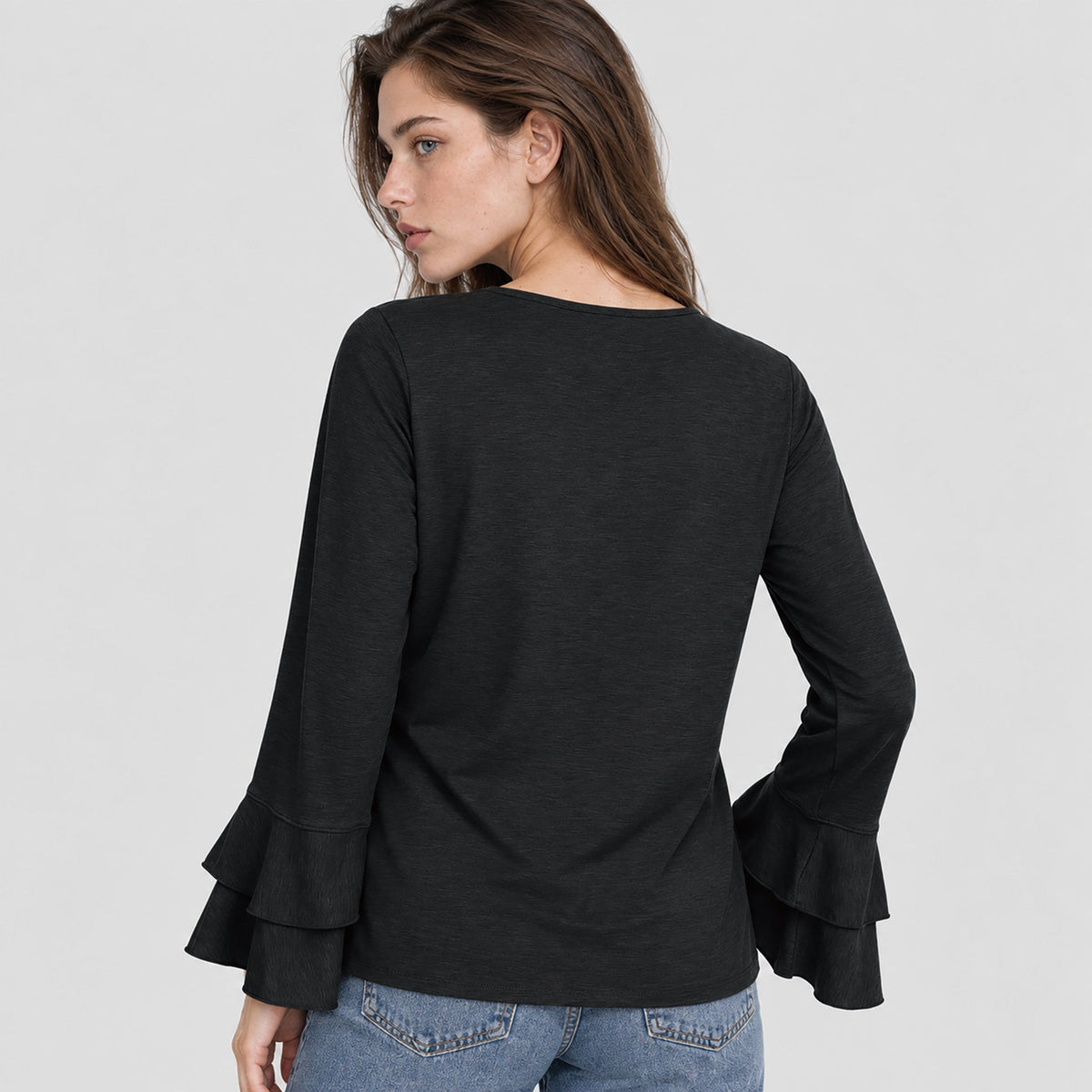 Women's Double Ruffle Bell Sleeve Tunic Top Pleated Flowy Blouse Black by MAGCOMSEN