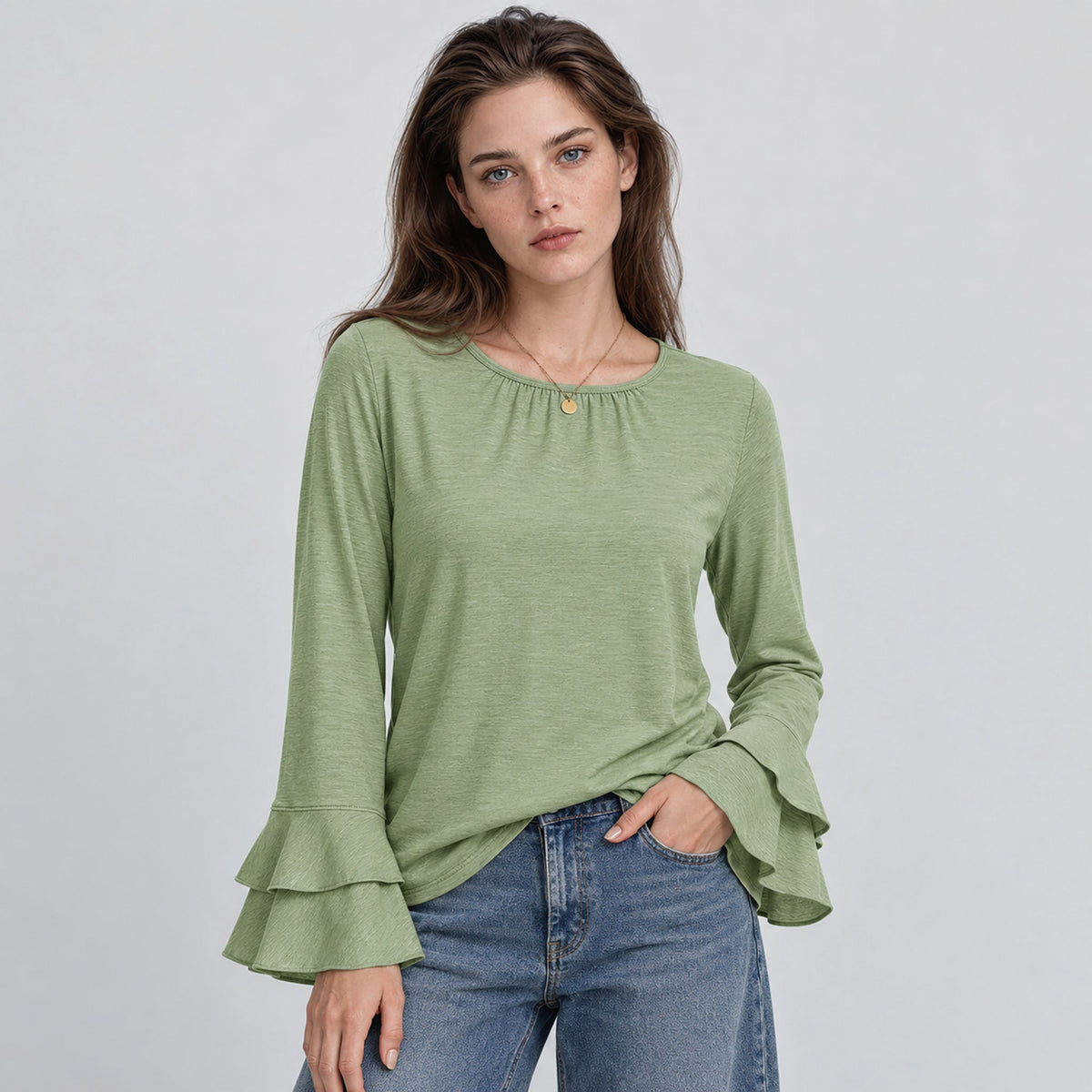 Women's Double Ruffle Bell Sleeve Tunic Top Pleated Flowy Blouse Peagreen by MAGCOMSEN