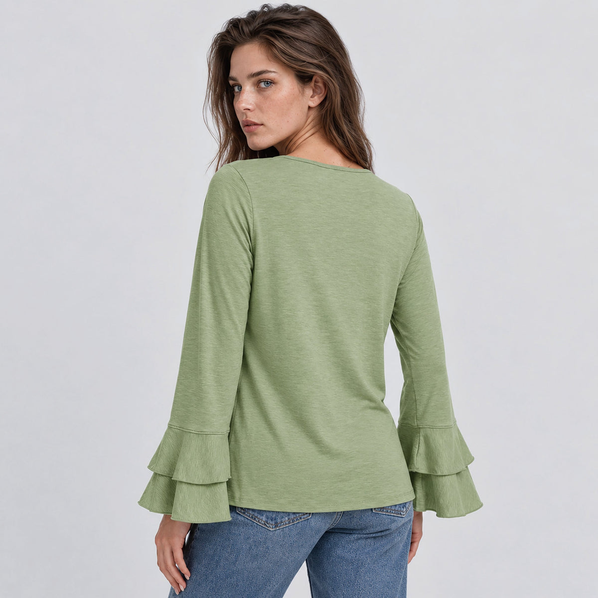 Women's Double Ruffle Bell Sleeve Tunic Top Pleated Flowy Blouse Peagreen by MAGCOMSEN