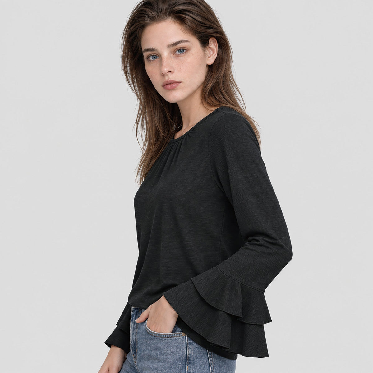 Women's Double Ruffle Bell Sleeve Tunic Top Pleated Flowy Blouse Black by MAGCOMSEN