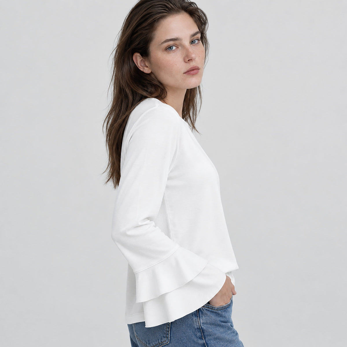 Women's Double Ruffle Bell Sleeve Tunic Top Pleated Flowy Blouse White by MAGCOMSEN