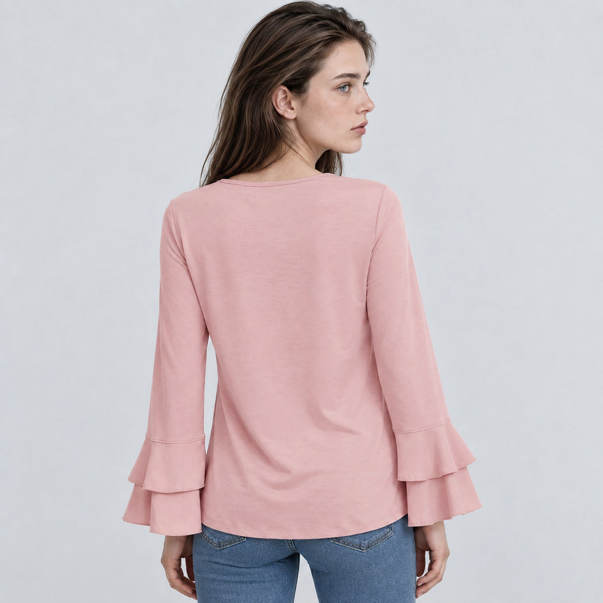 Women's Double Ruffle Bell Sleeve Tunic Top Pleated Flowy Blouse Light Pink by MAGCOMSEN