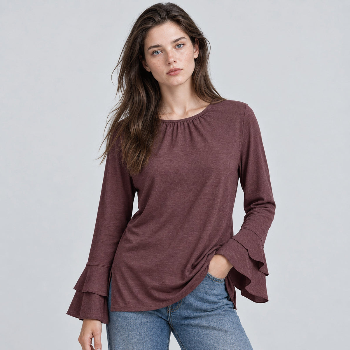Women's Double Ruffle Bell Sleeve Tunic Top Pleated Flowy Blouse Wine Red by MAGCOMSEN