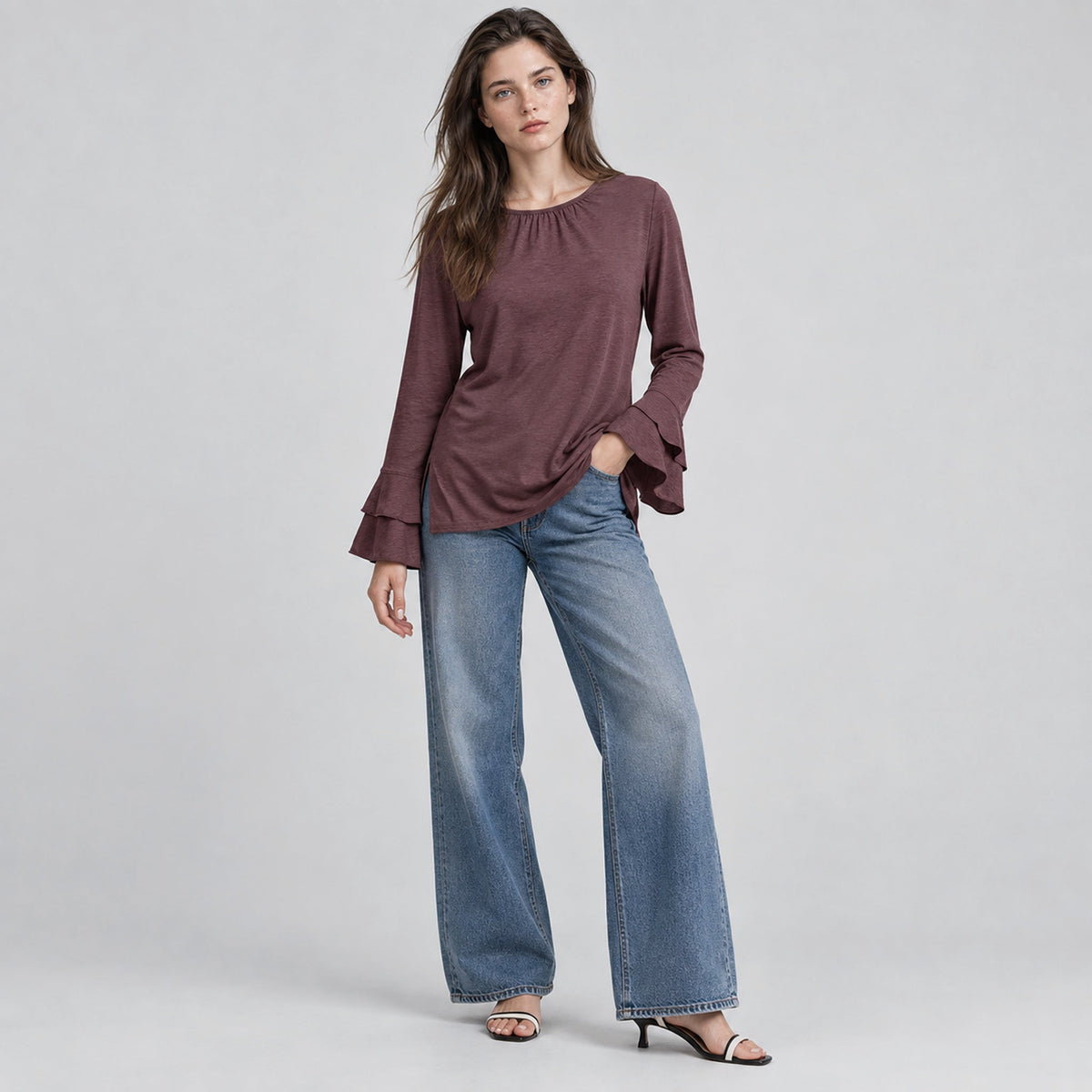 Women's Double Ruffle Bell Sleeve Tunic Top Pleated Flowy Blouse Wine Red by MAGCOMSEN
