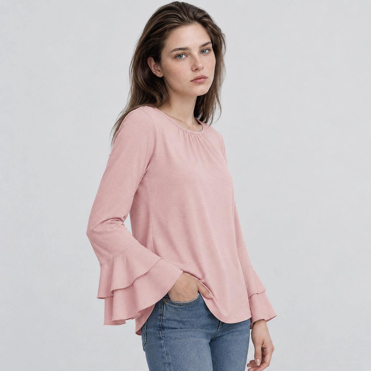 Women's Double Ruffle Bell Sleeve Tunic Top Pleated Flowy Blouse Light Pink by MAGCOMSEN