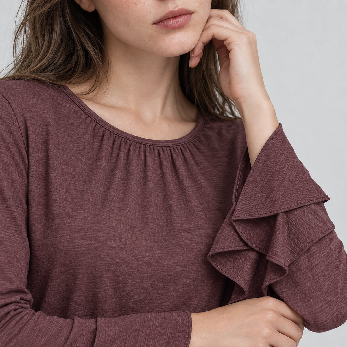 Women's Double Ruffle Bell Sleeve Tunic Top Pleated Flowy Blouse Wine Red by MAGCOMSEN