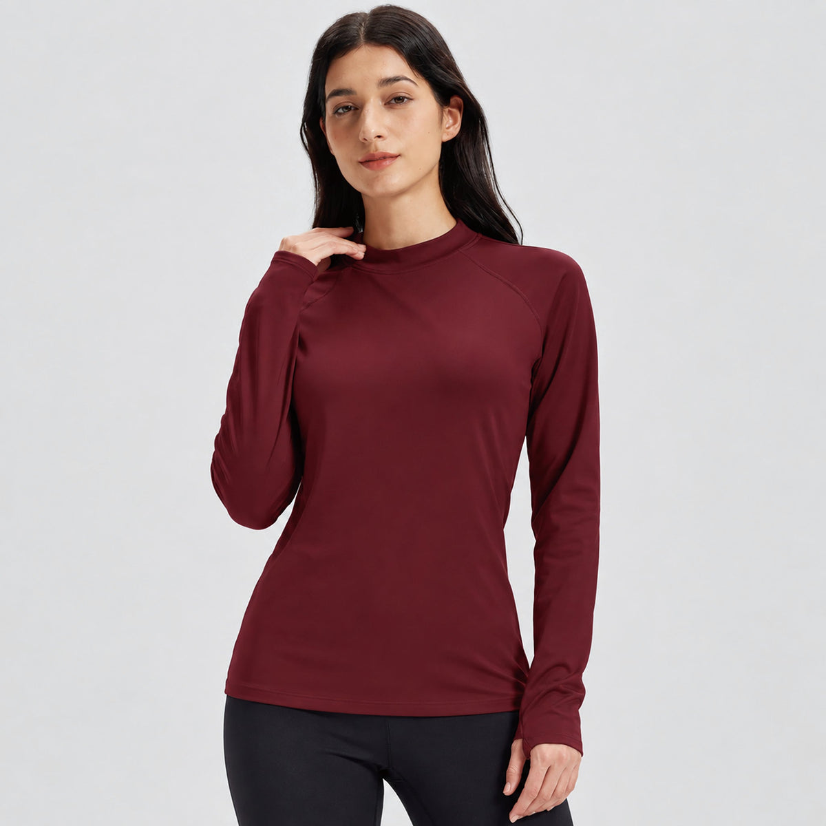 Wine Red MAGCOMSEN Women's Fleece Lined Thermal Shirt Mock Neck Long Sleeve Base Layer in #Color_Wine Red
