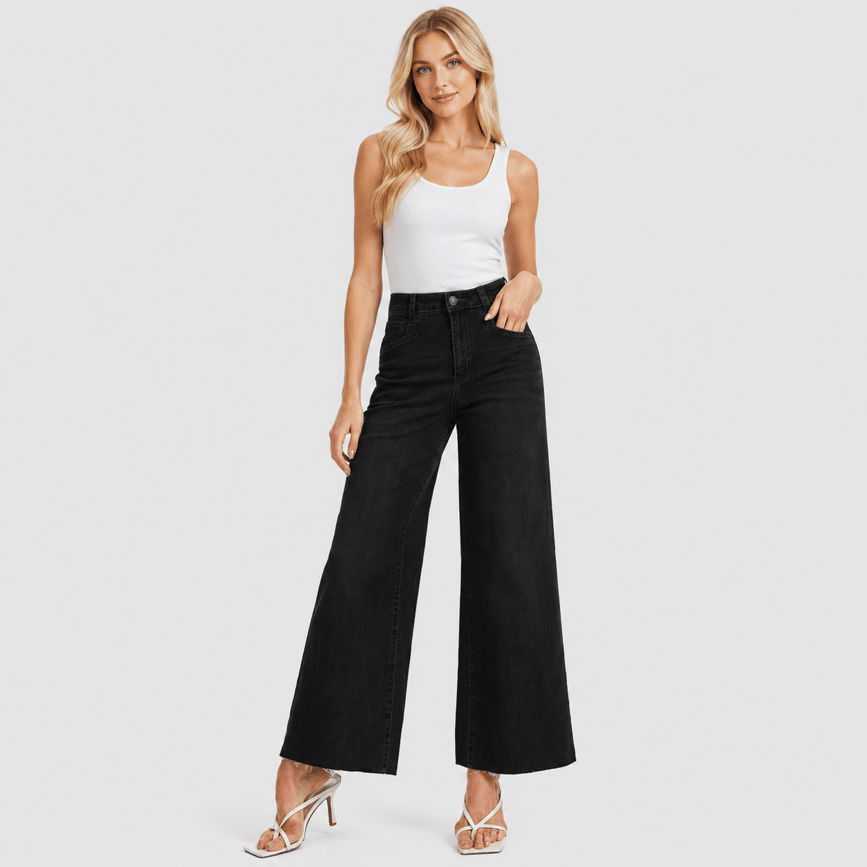 Women's High Waisted Wide Leg Jeans - Stretch Denim Pants with Raw Hem Black by MAGCOMSEN