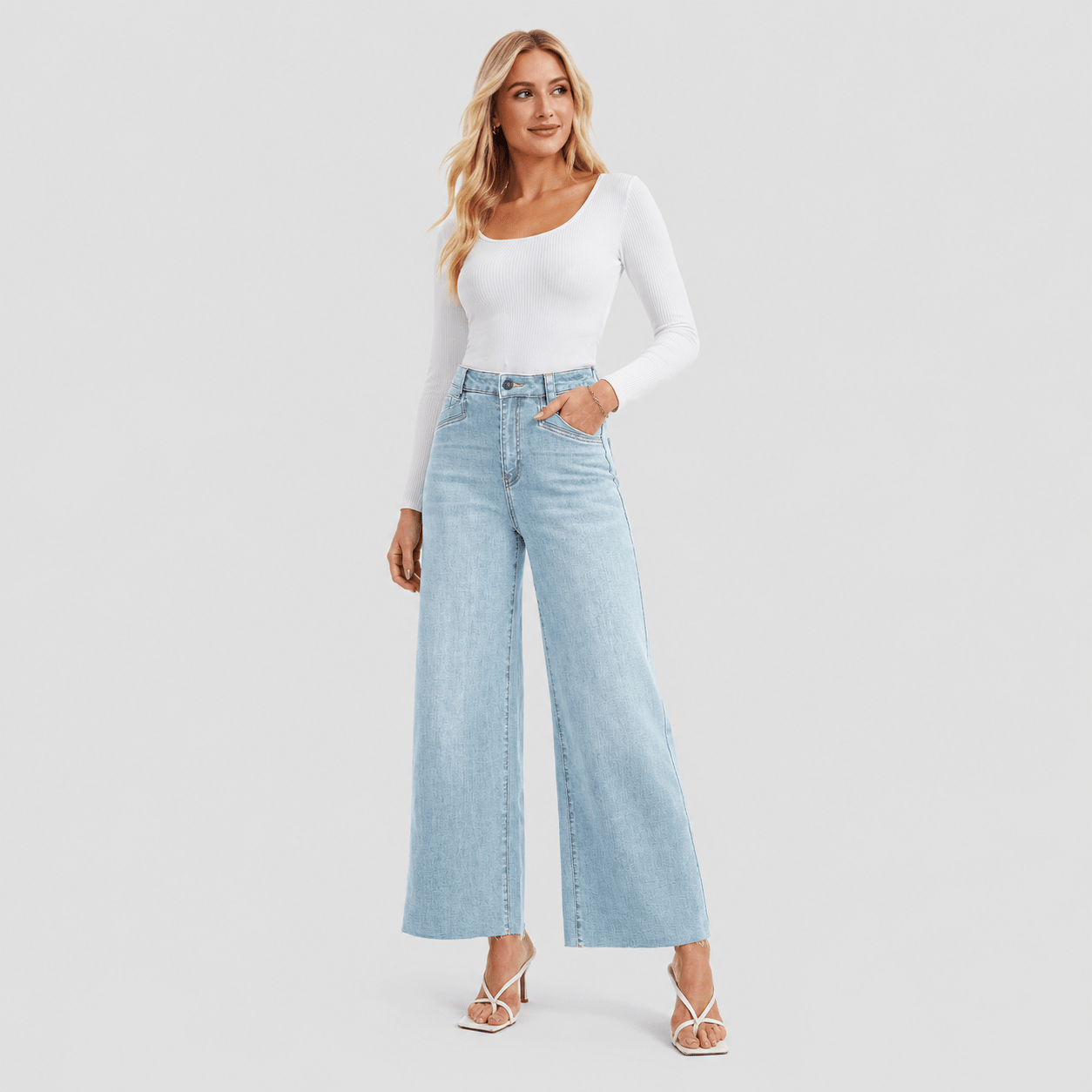 Women's High Waisted Wide Leg Jeans - Stretch Denim Pants with Raw Hem Light Blue by MAGCOMSEN
